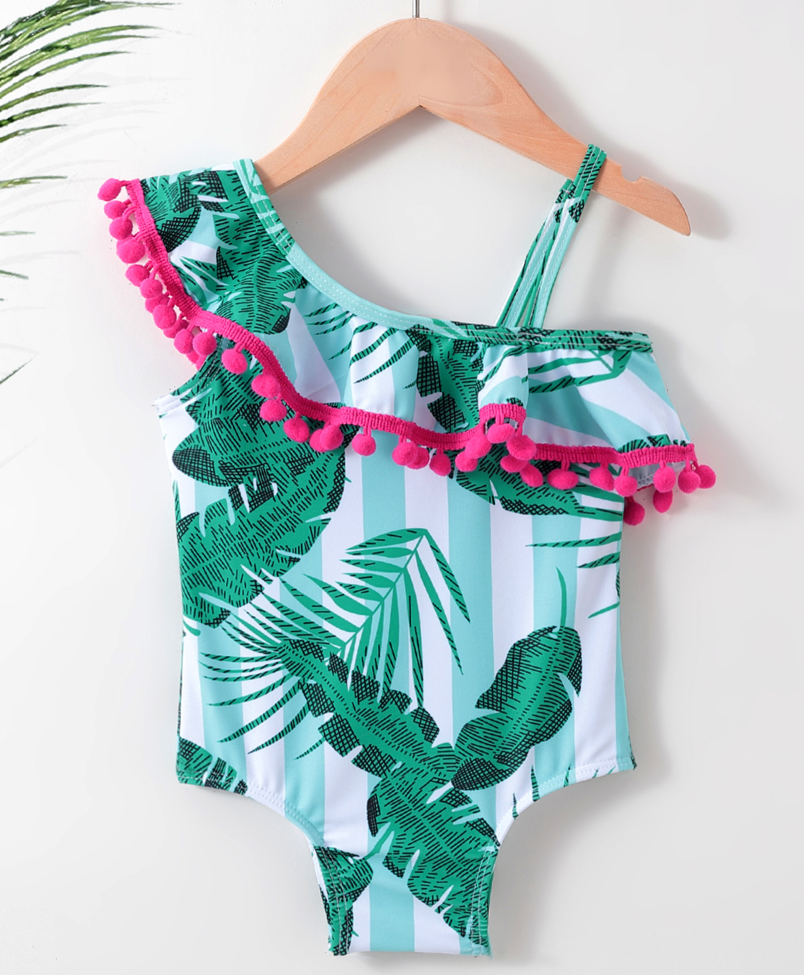 Babyhug One Shoulder Leafy Print V Cut Swimsuit with Frill - Green-image-26