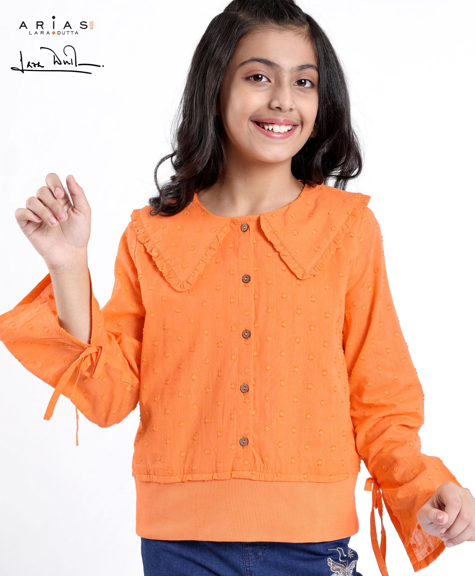 Arias Cotton Dobby Full Sleeves Top with Ruffled Collar & Ribbed Bottom Hem - Orange-image-34