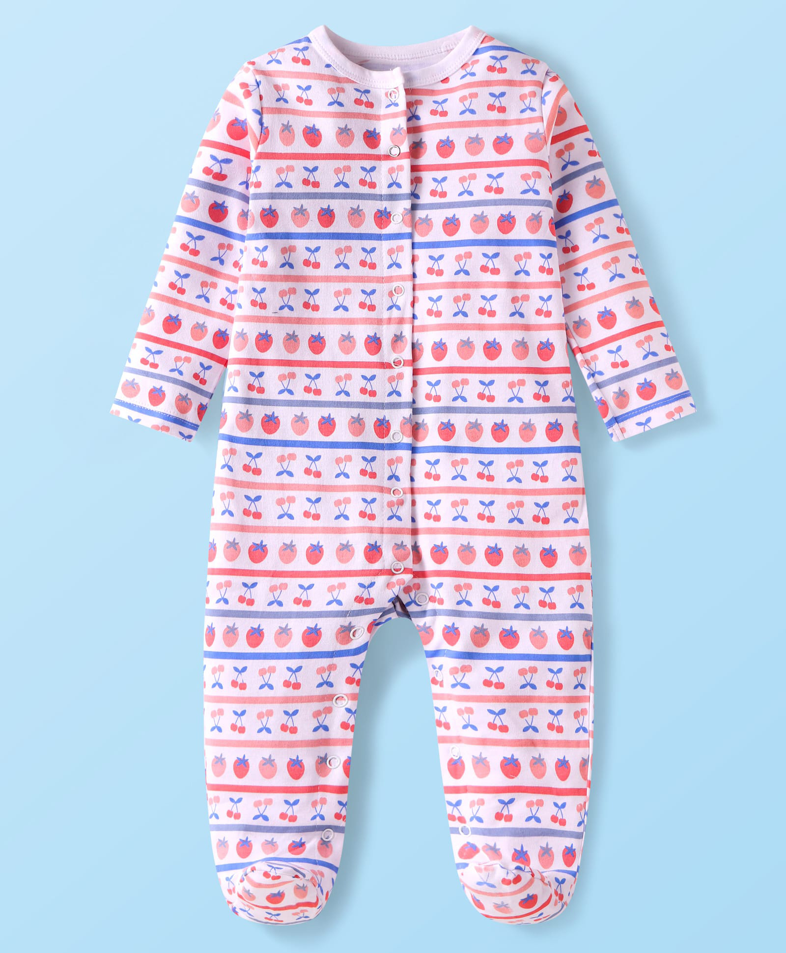 Babyhug Cotton Interlock Knit Full Sleeves Footed Sleep Suit Strawberry Print - White-image-2