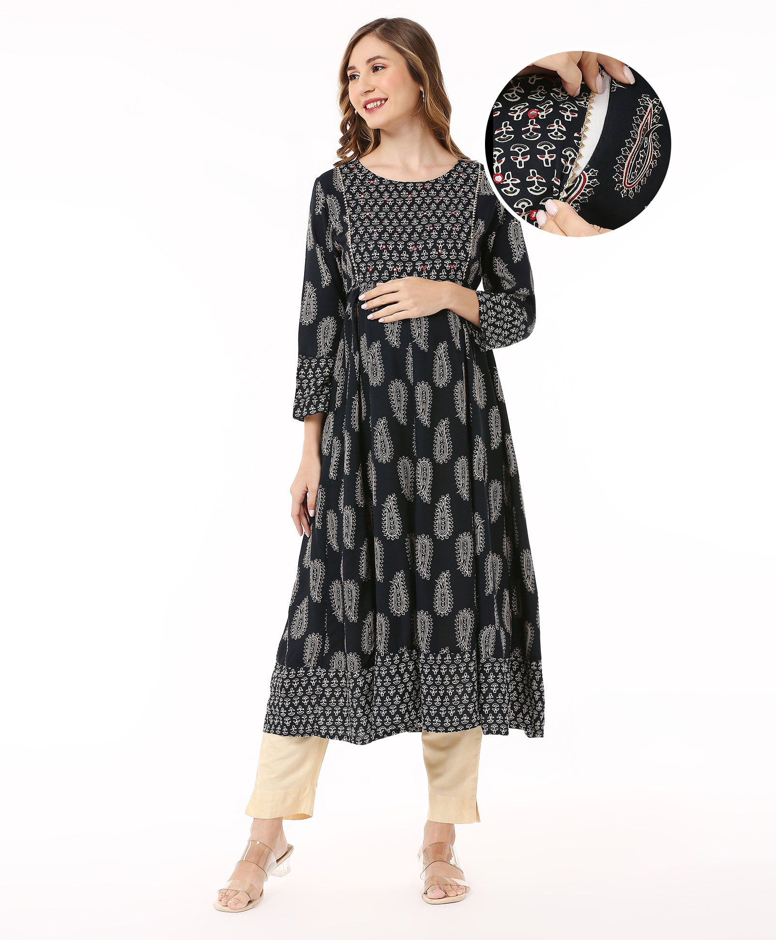 Bella Mama Woven Three Fourth Sleeves Kolka Print With Embroidered Yoke Maternity Kurta - Black-image-36