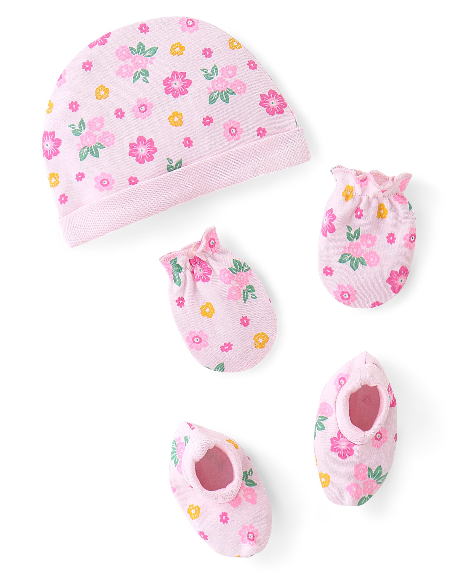 Babyhug 100% Cotton Knit Cap Mittens & Booties Set Floral Print - Pink-image-43
