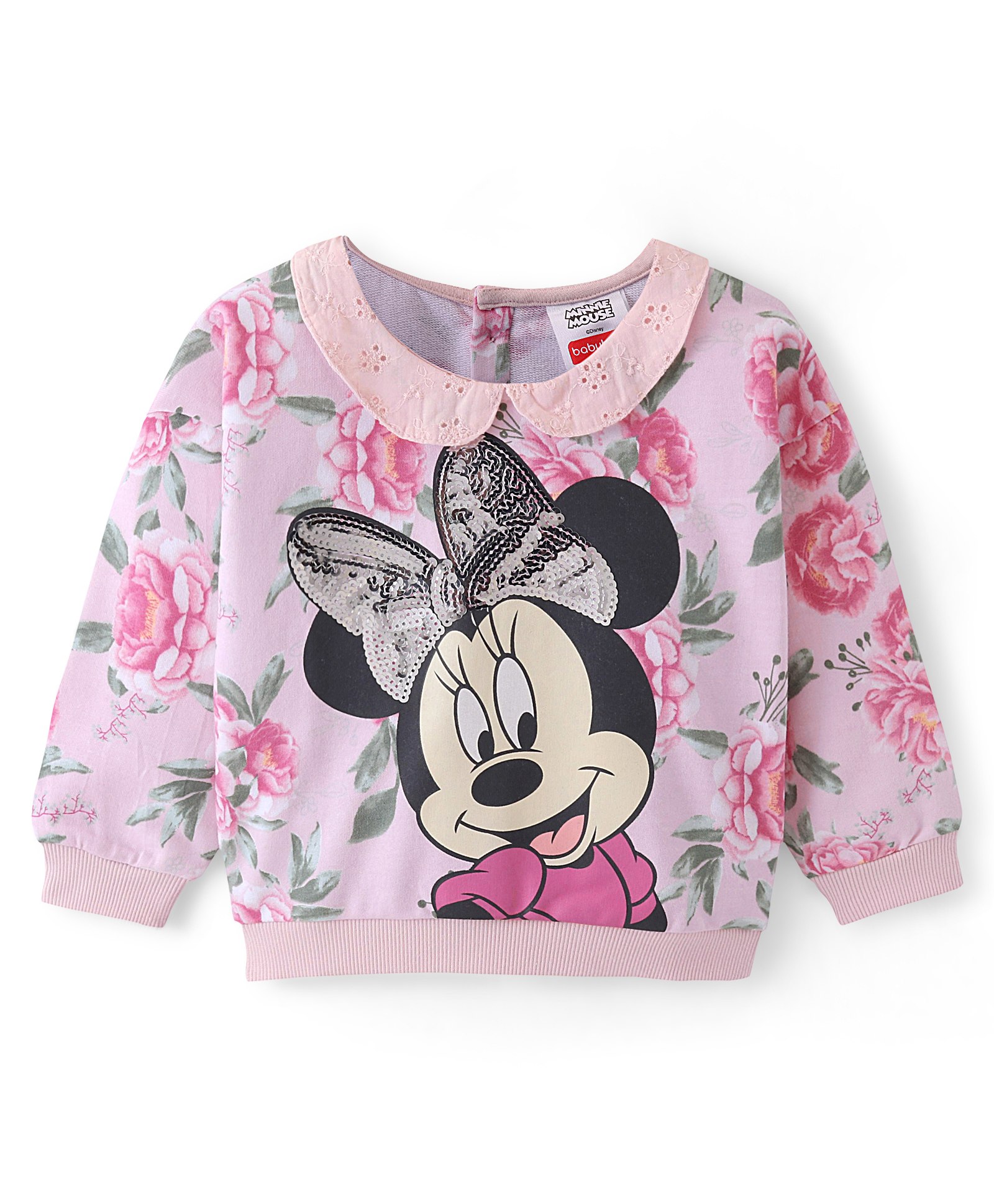 Babyhug 100% Cotton Knit Full Sleeves Sweatshirt With Minnie Mouse Graphics & Sequins Detailing - Pink-image-24