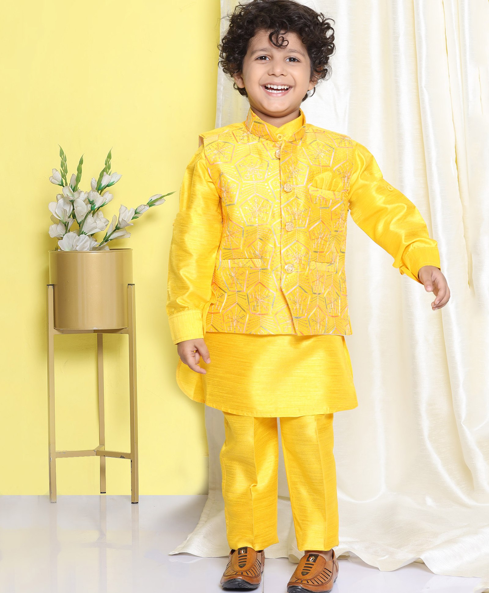 AJ Dezines Full Sleeves Solid Kurta & Pyjama With Geometry Design Sequin Embellished & Embroidered Jacket - Mustard Yellow-image-43