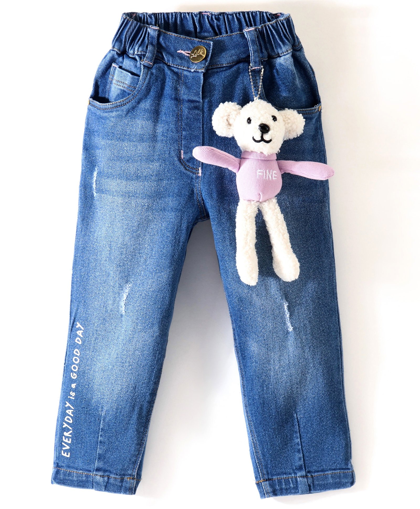 Little Kangaroos 100 % Cotton Full Length Washed Denim Jeans with Teddy - Light Blue-picture-14