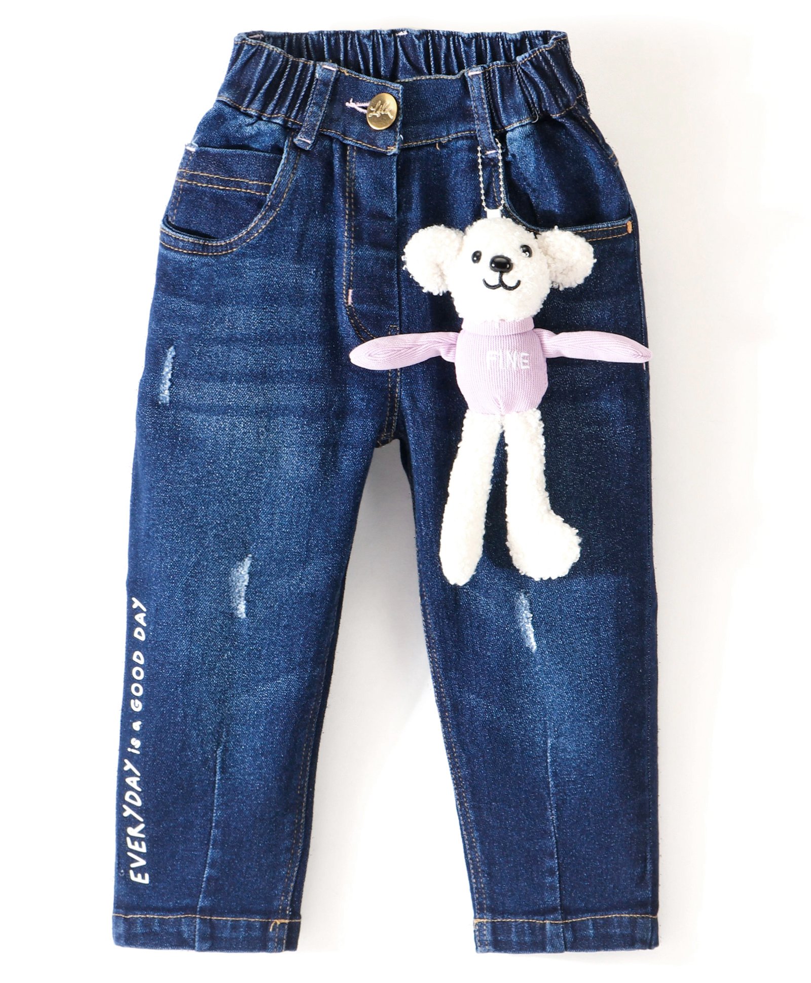 Little Kangaroos 100 % Cotton Full Length Washed Denim Jeans with Teddy - Dark Blue-picture-16