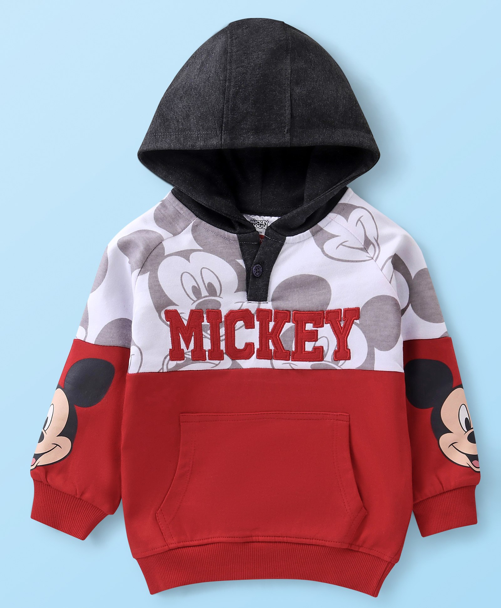 Babyhug 100% Cotton Knit Full Sleeves Sweatshirt With Mickey Mouse Print & Embroidery - Red White & Black-image-3