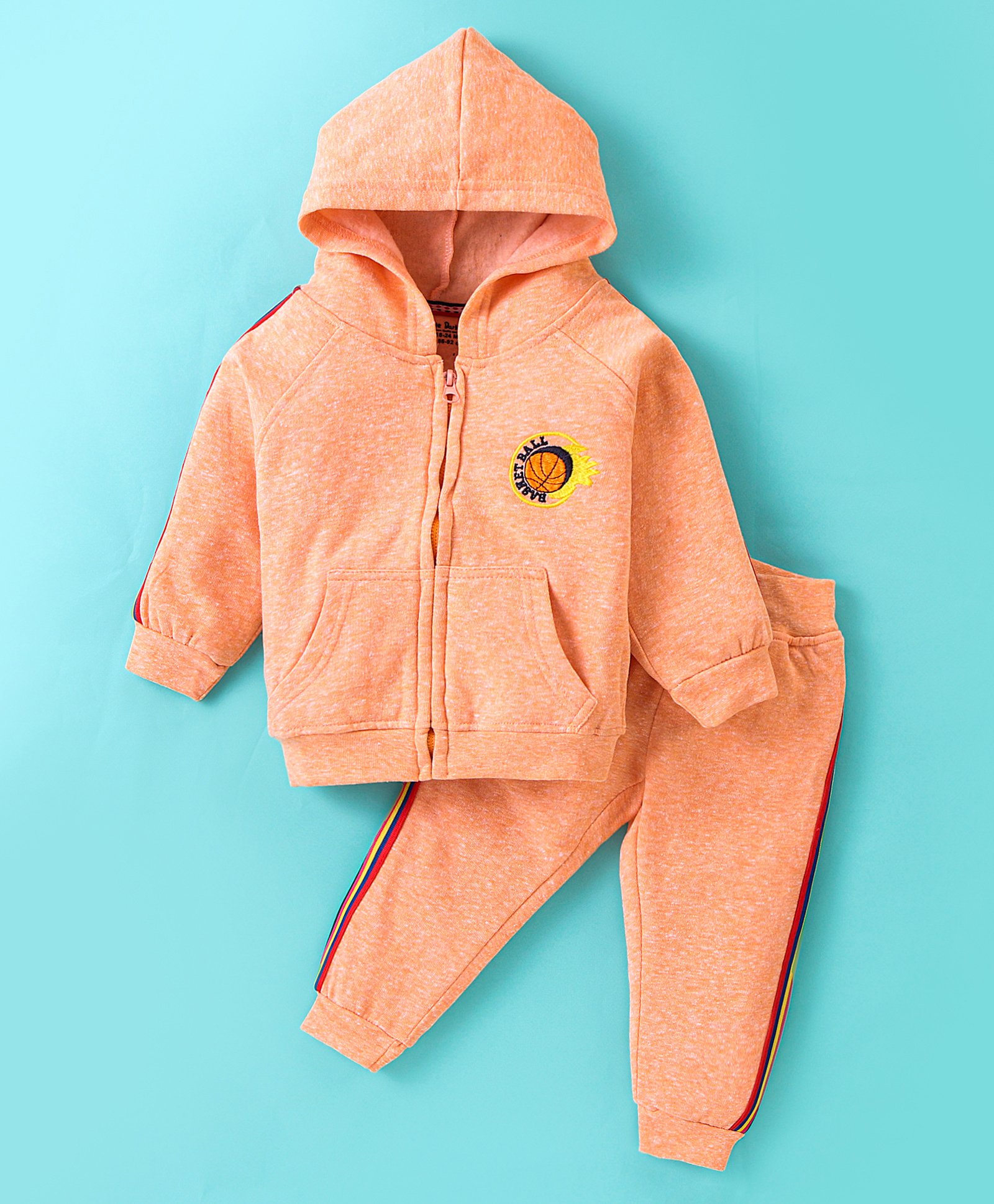Little Darlings Fleece Full Sleeves Hooded Sweatshirt & Joggers Set With Embroidery - Orange-picture-15