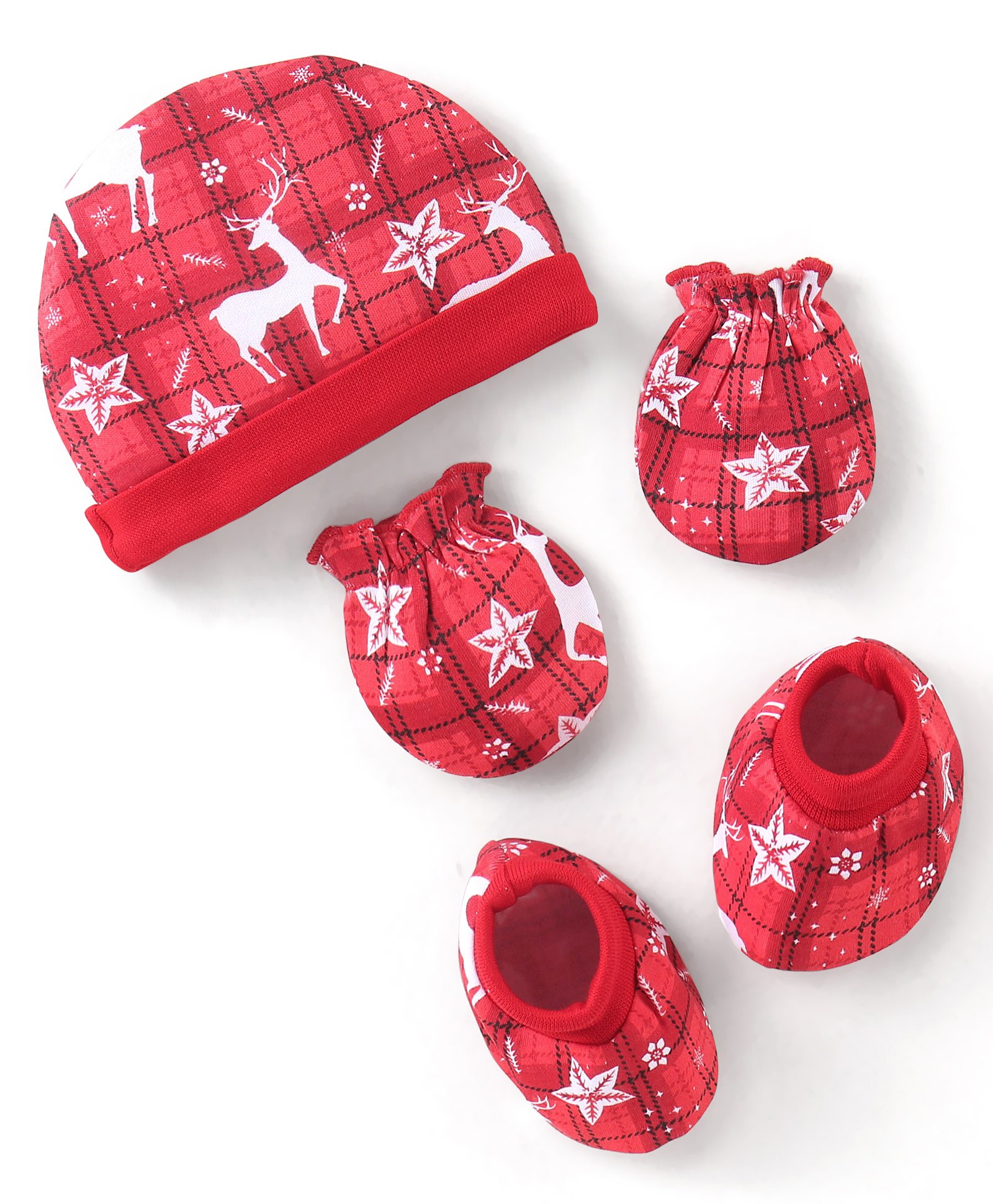 Babyhug 100% Cotton Knit Deer Printed Cap Mittens & Booties - Red-image-29