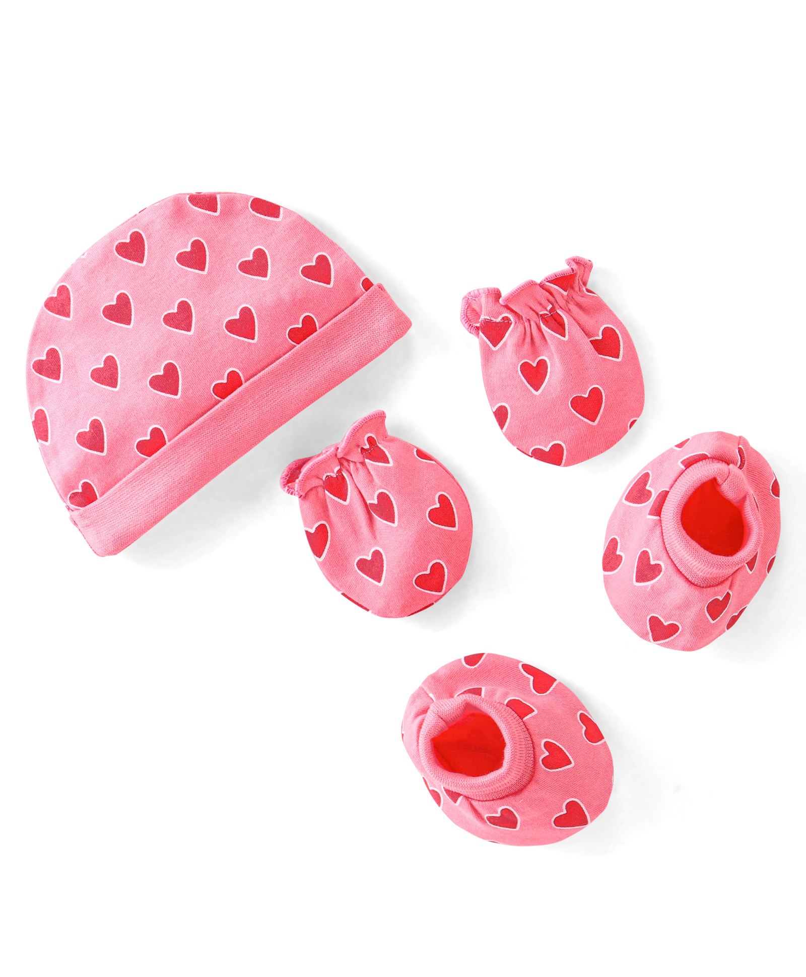 babyhug 100% cotton interlock knit cap mittens and booties heart print - pink