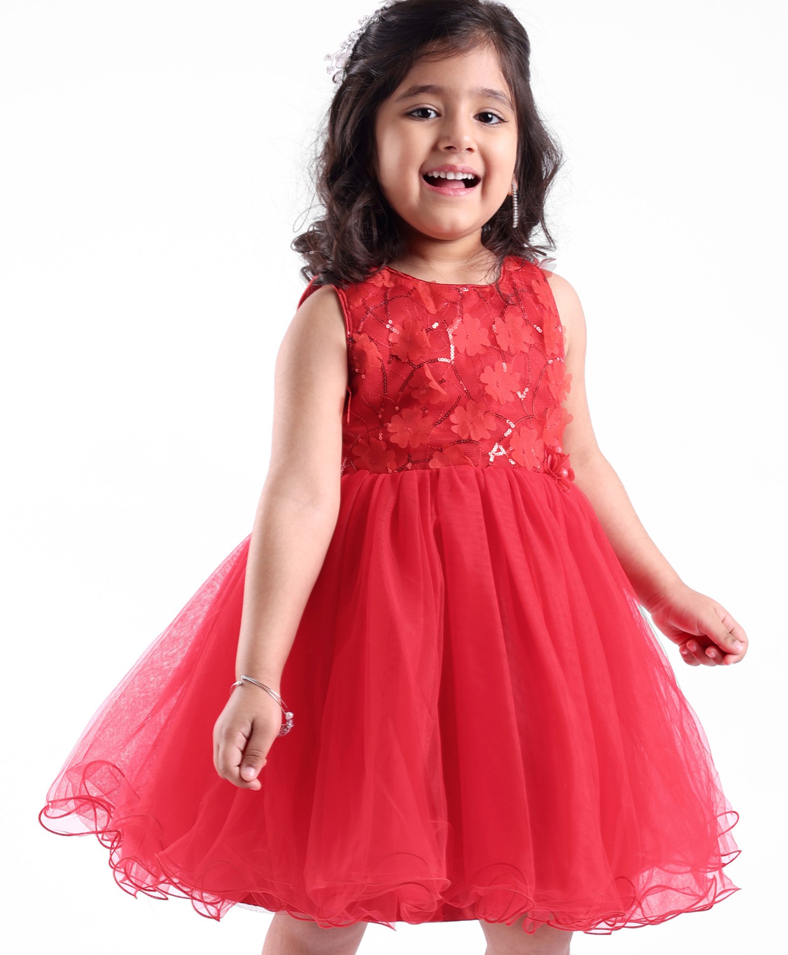 Babyhug Sleeveless Mesh Frock with Sequin Detailing - Red-image-4