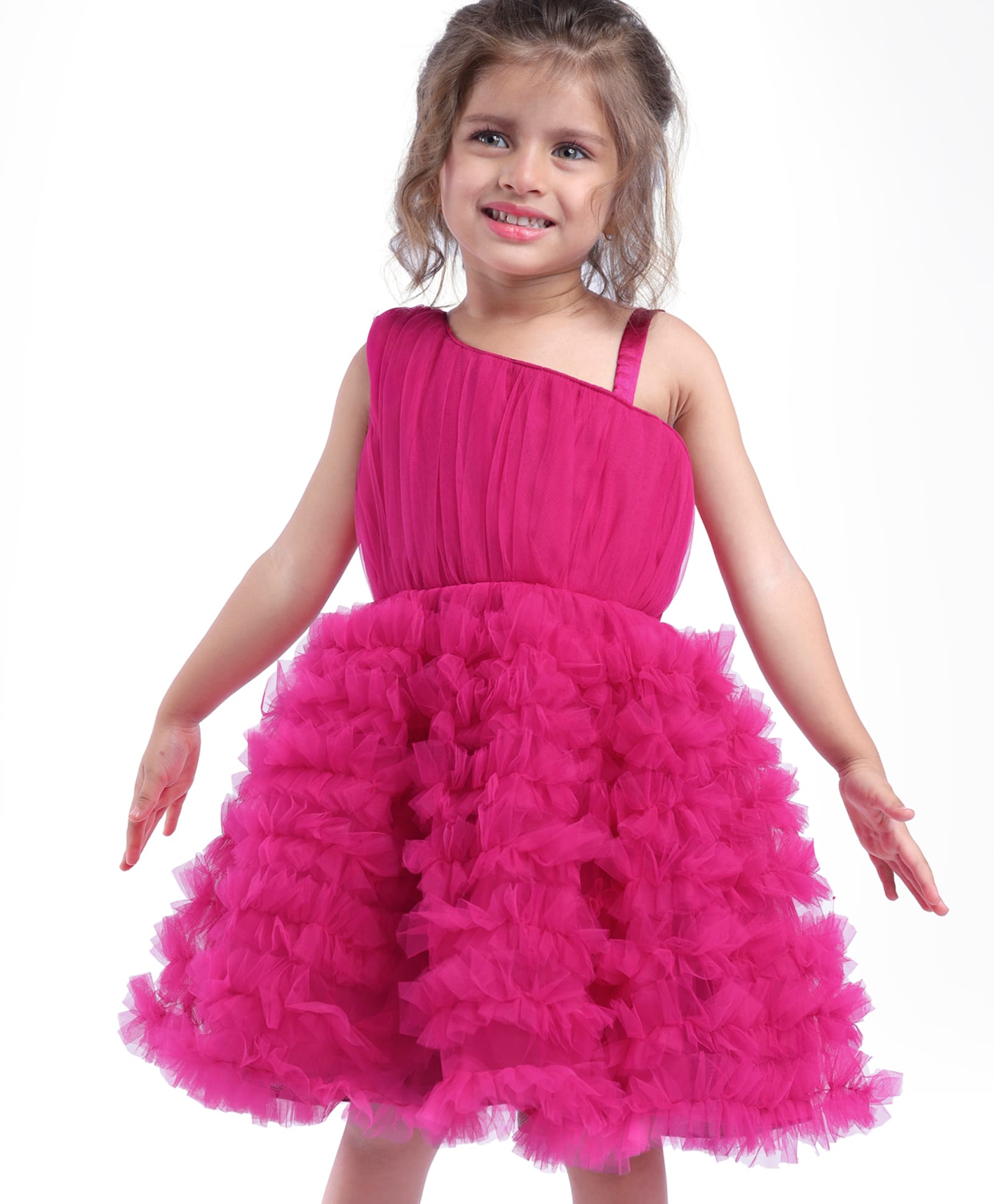Babyhug Mesh Sleeveless Solid Color Party Frock - Fuchsia-image-37