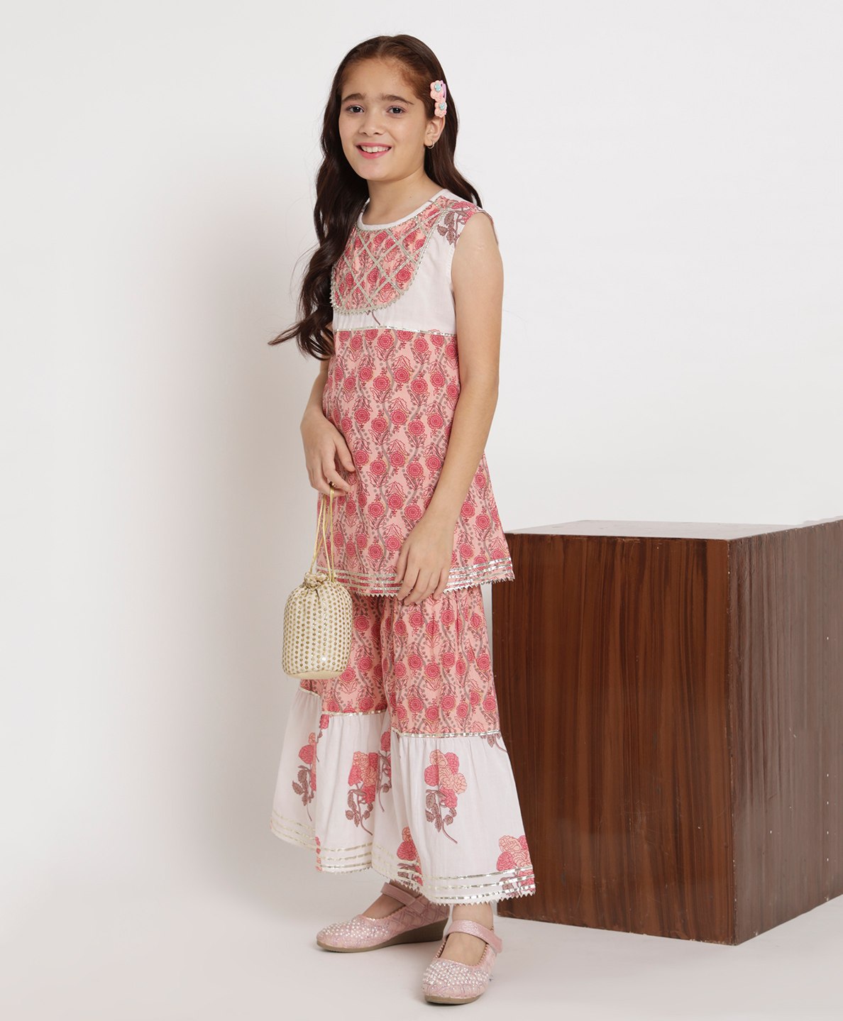 READIPRINT Sleeveless Floral Motif Printed And Gota Patti Embellished Kurta With Sharara - Peach-picture-43