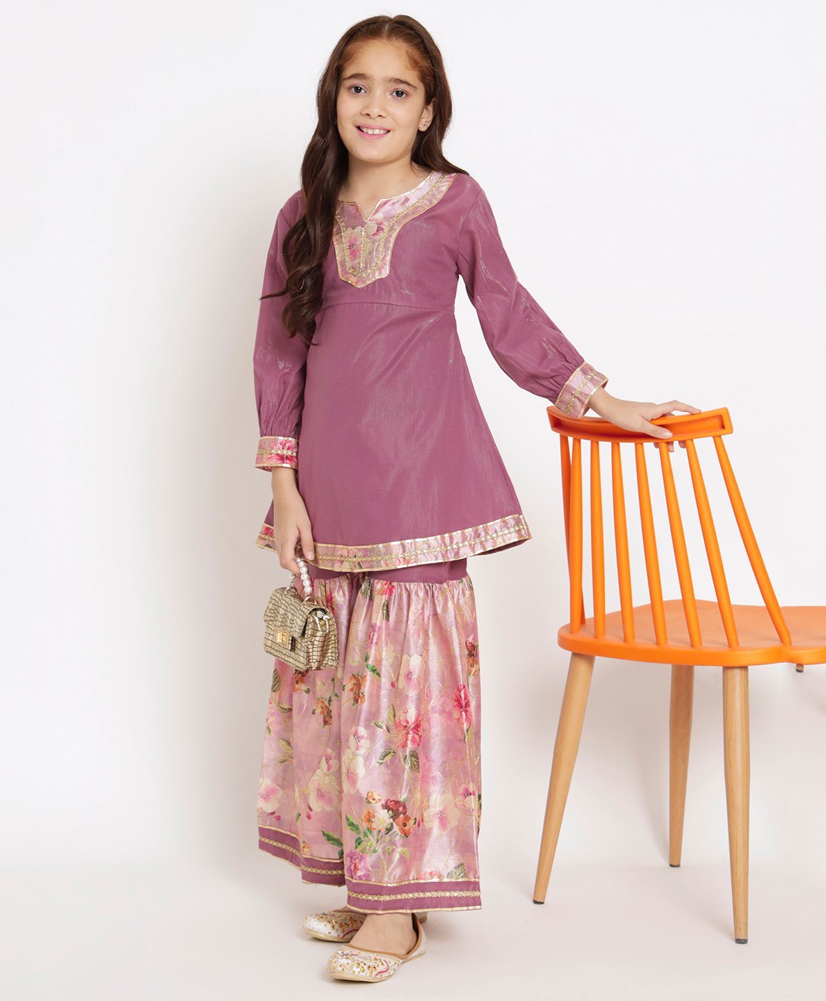 READIPRINT Full Sleeves Floral Printed And Laced Embellished Kurta And Sharara - Mauve-image-25