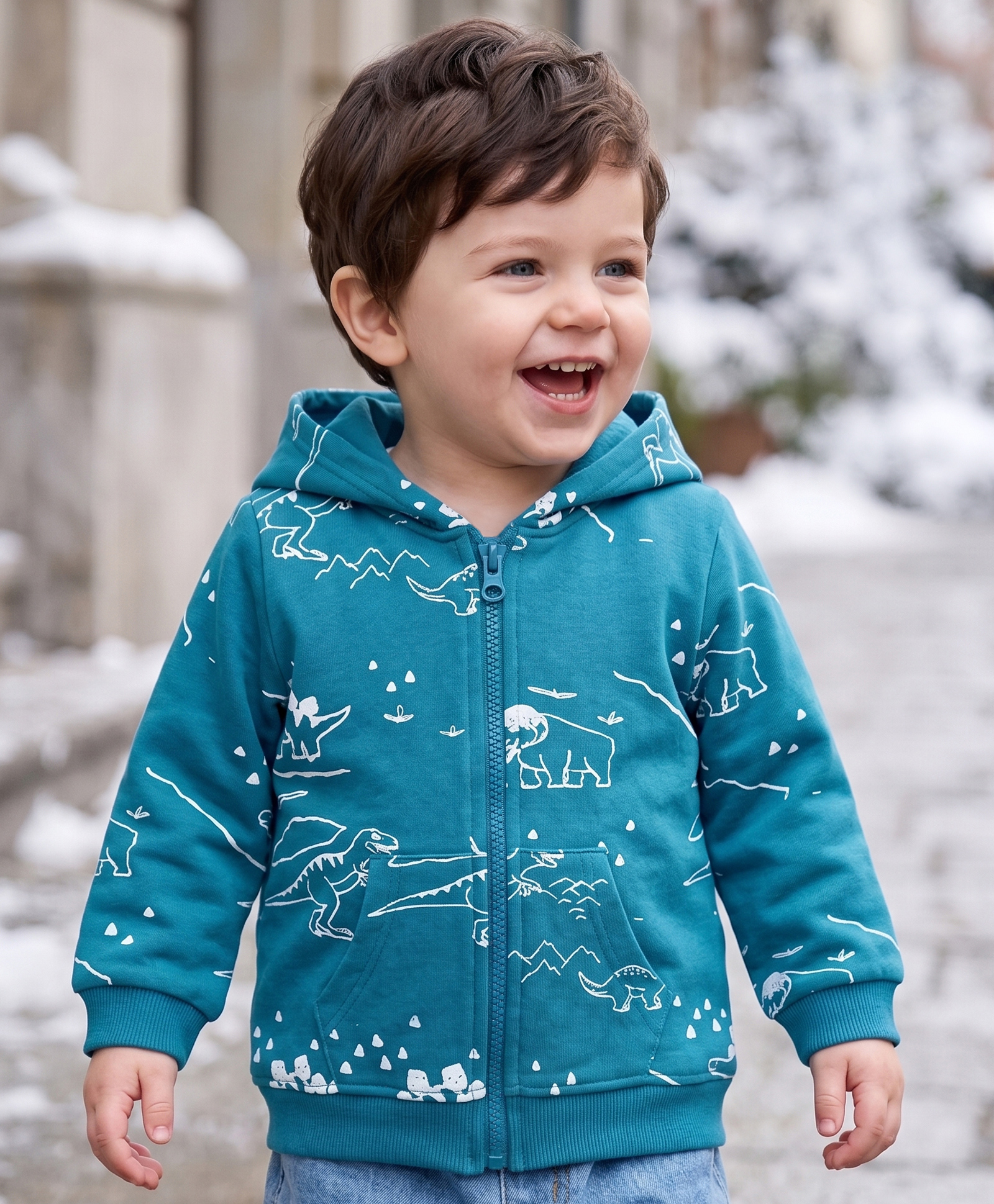 Babyoye 100% Cotton Full Sleeves Hooded Sweat Jacket with Dino Placement Print - Blue-picture-10