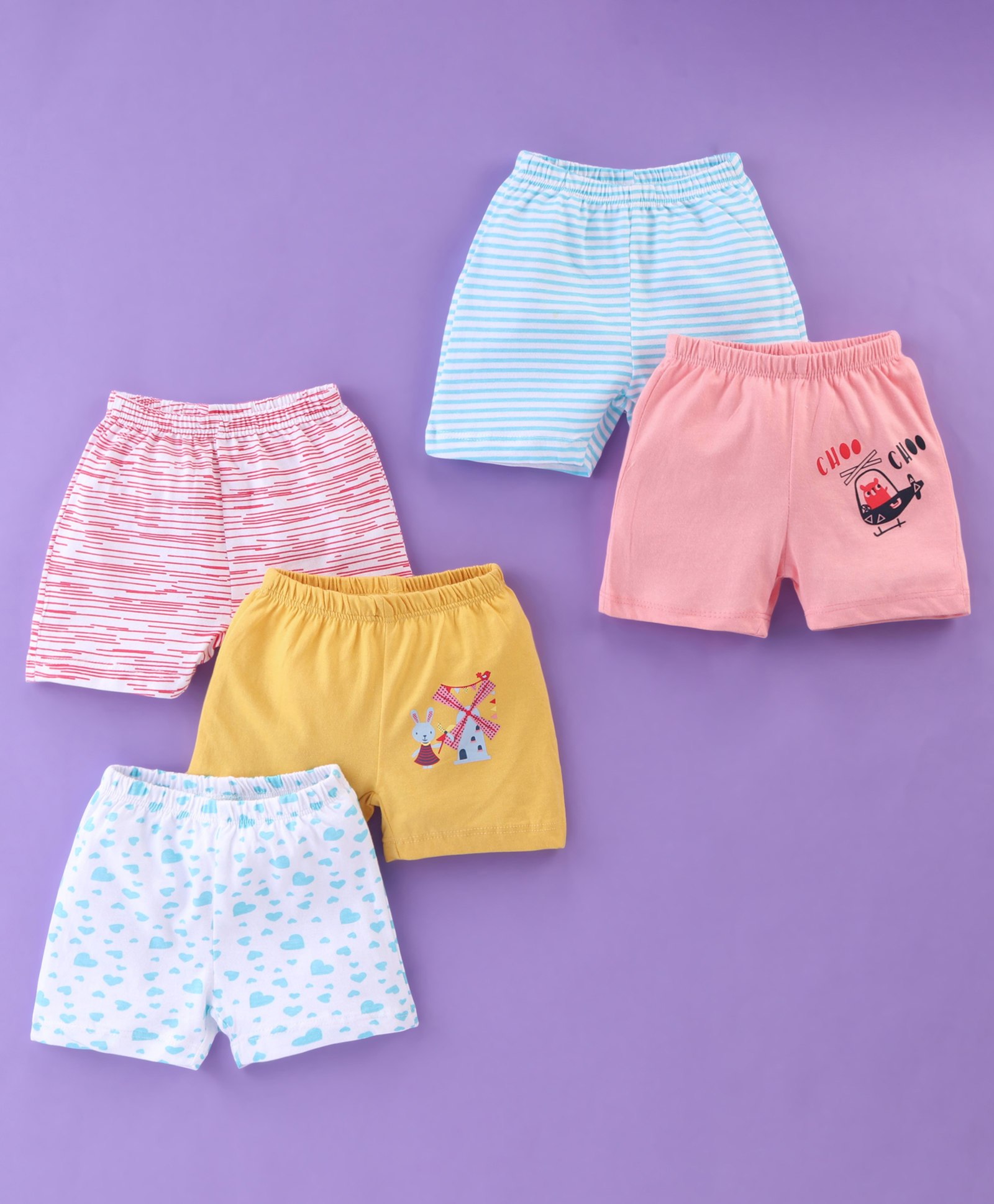 OHMS Cotton Jersey Above Knee Length Shorts Striped & Heart Print Pack of 5 - Multicolor-image-36