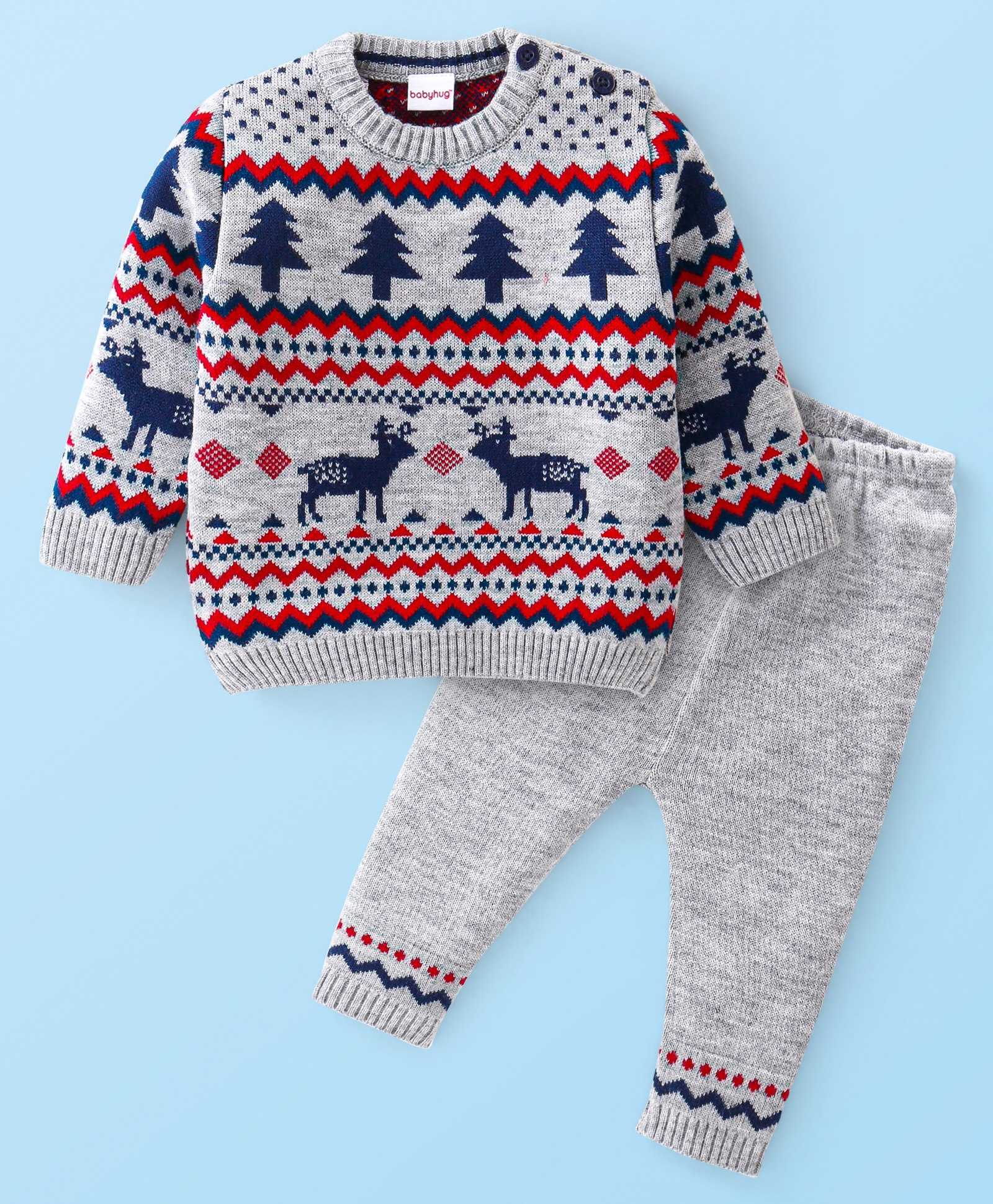Babyhug Knitted Full Sleeves Reindeer Design Sweater & Pajama Set - Grey-image-22