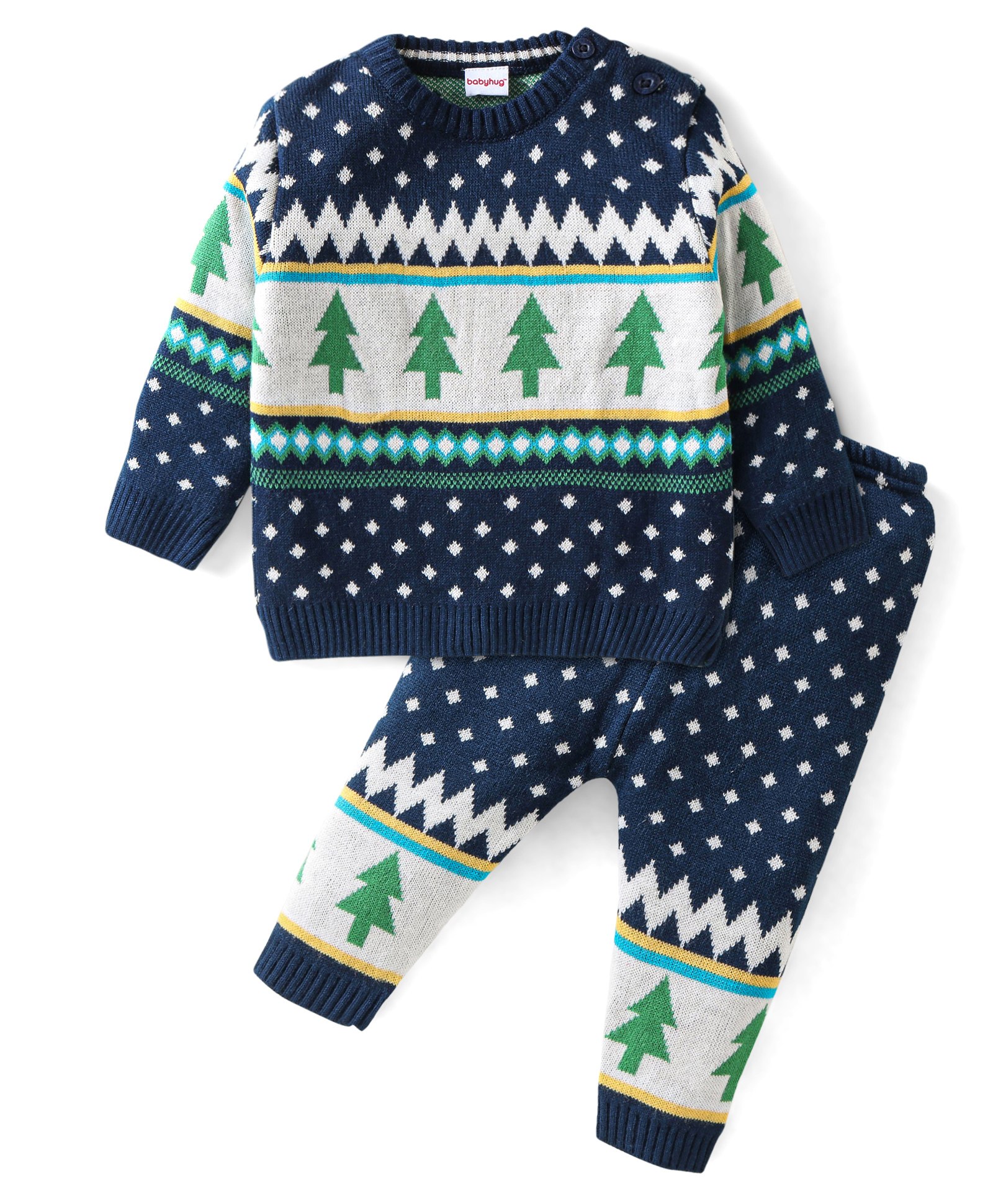 Babyhug Knitted Full Sleeves Baby Sweater Set Pine Tree Design - Navy Blue-image-42