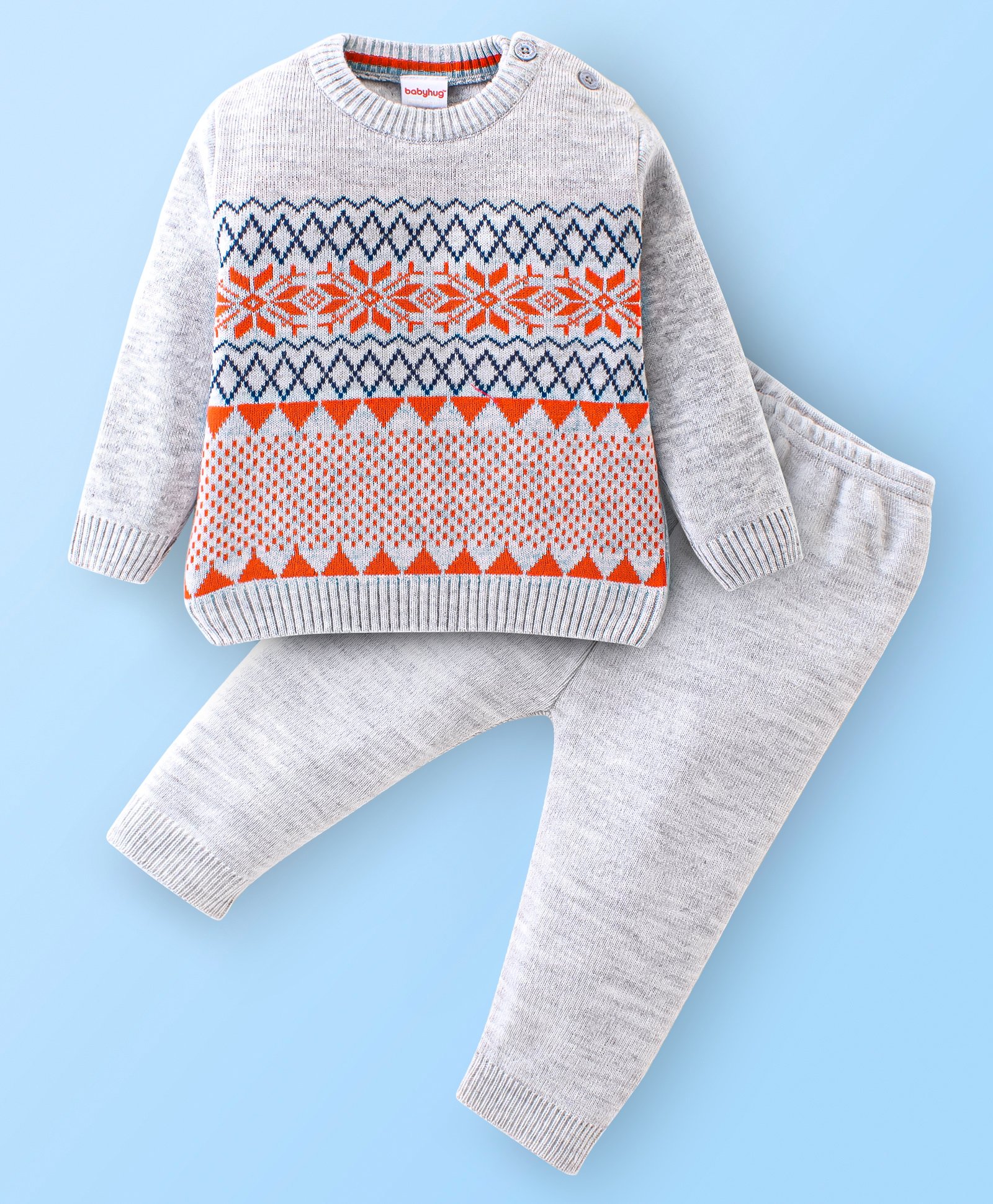 Babyhug Knitted Full Sleeves Sweater Set Floral Design - White & Orange-image-14