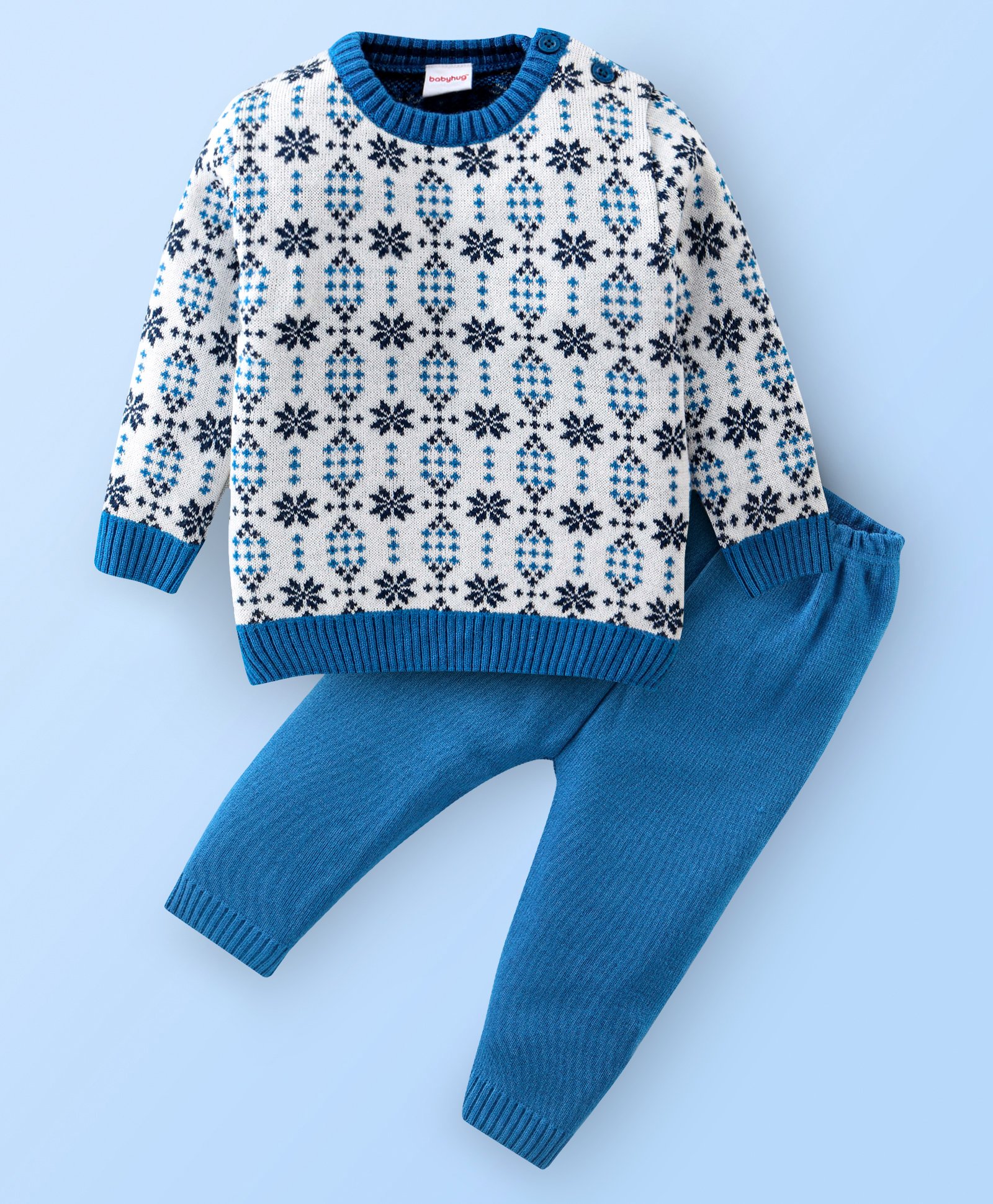 Babyhug Knitted Full Sleeves Sweater Set Star Design - White & Blue-image-3