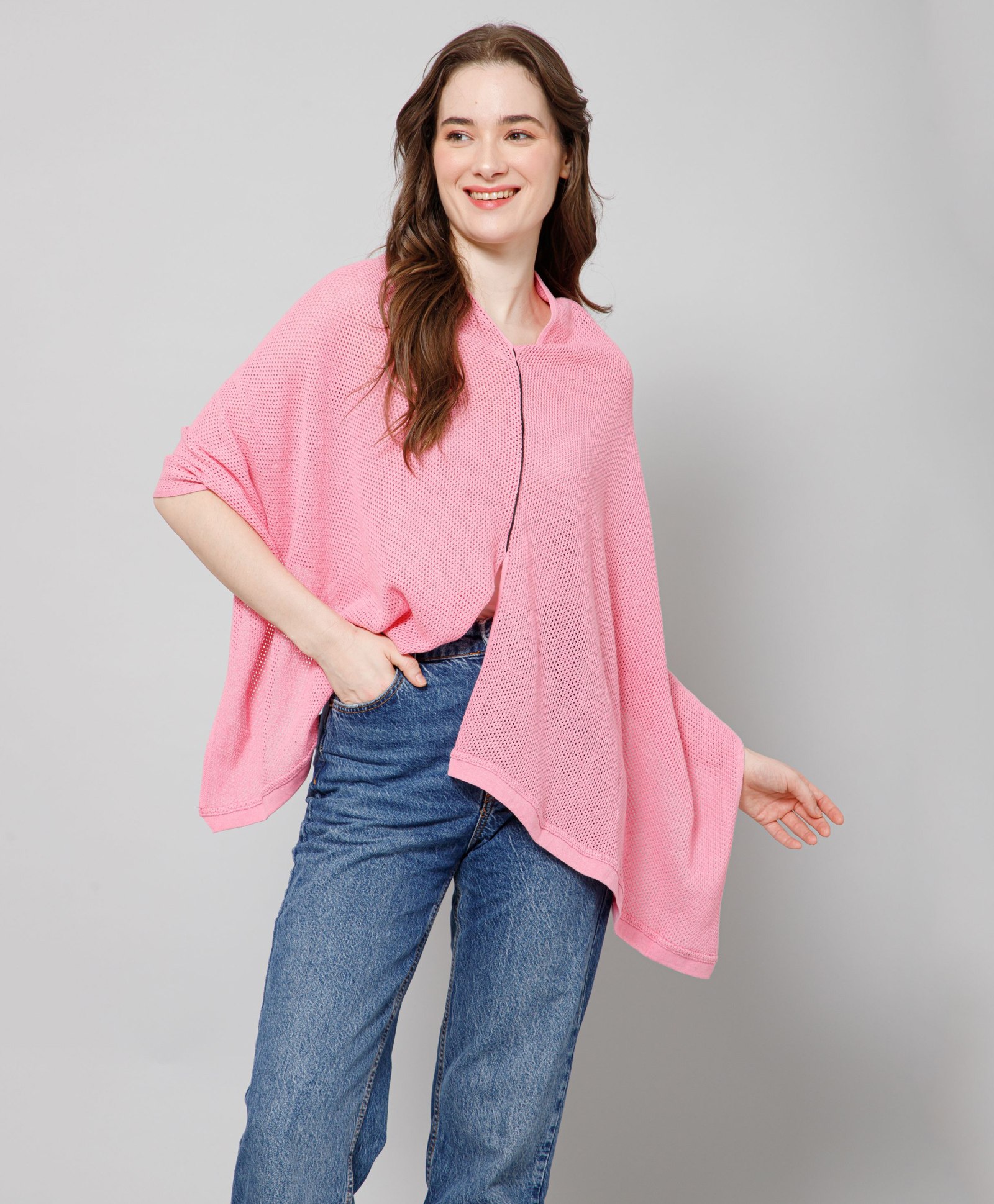 Zelena Three Fourth Sleeves Solid Multi Purpose Maternity Feeding Cape - Pink