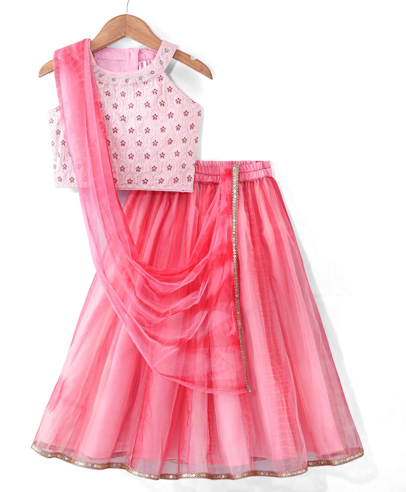 Babyhug Sleeveless Sequenced Embroidered Net Choli Lehenga and Dupatta - Pink & Peach-picture-16