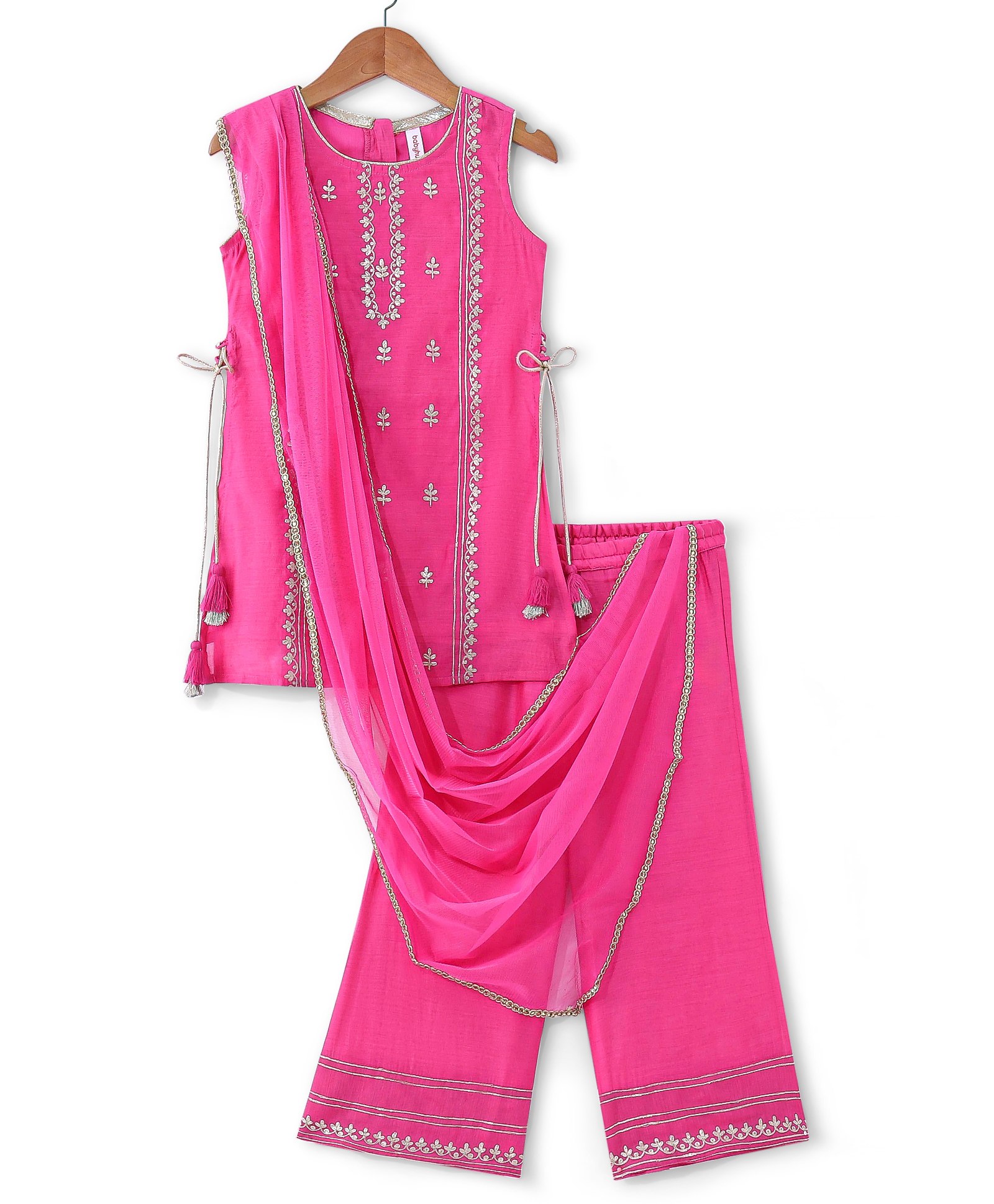 Babyhug Sleeveless Embroidered Kurta & Palazo with Dupatta - Pink-image-0