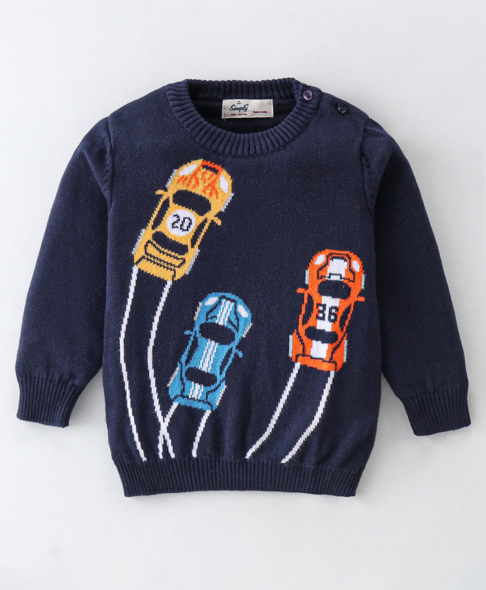 Simply Cotton Knitted Full Sleeves Sweater with Car Design - Navy Blue-image-16