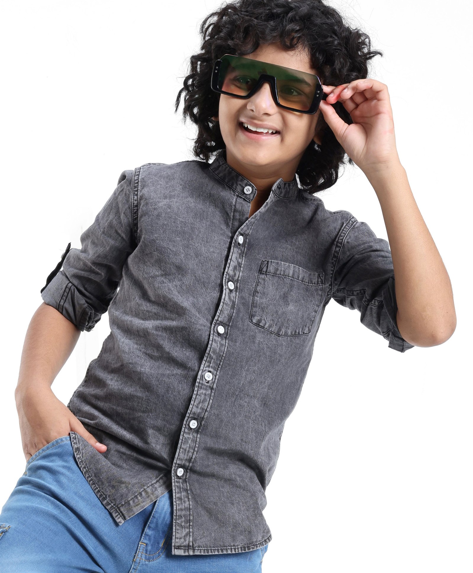 Pine Kids Full Sleeves Front Placket-Buttons Denim Shirt - Grey-image-1