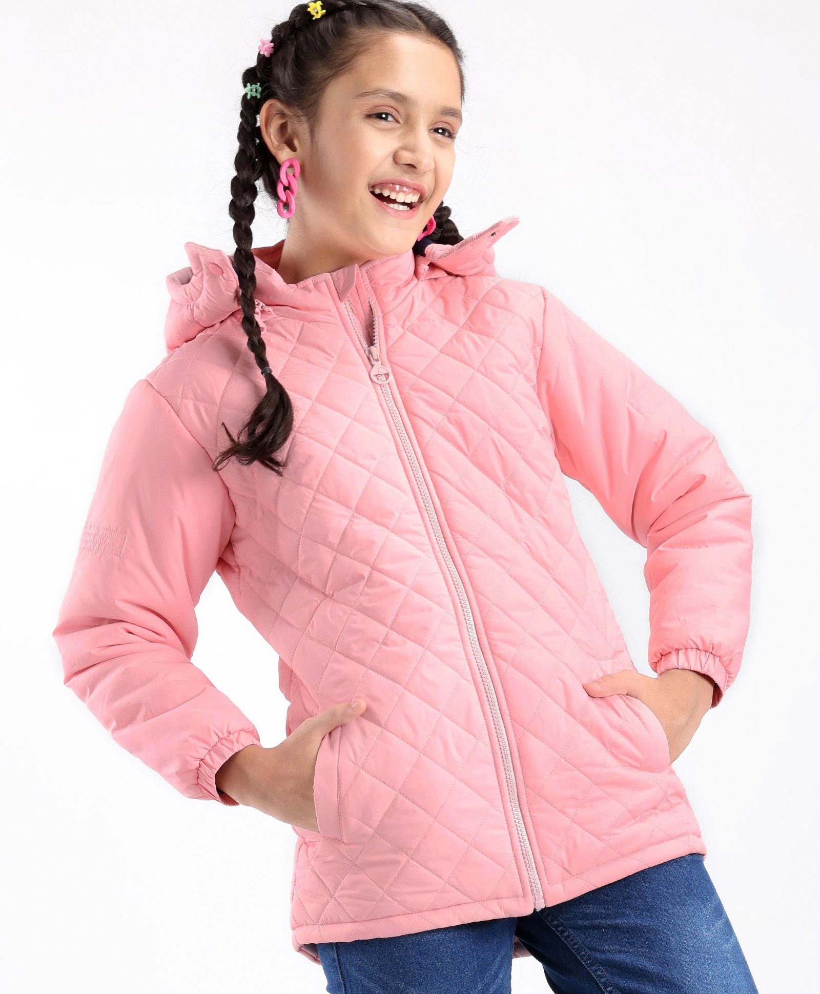Pine Kids Woven Full Sleeves Solid Medium Winter Hooded Jacket - Pink-picture-45