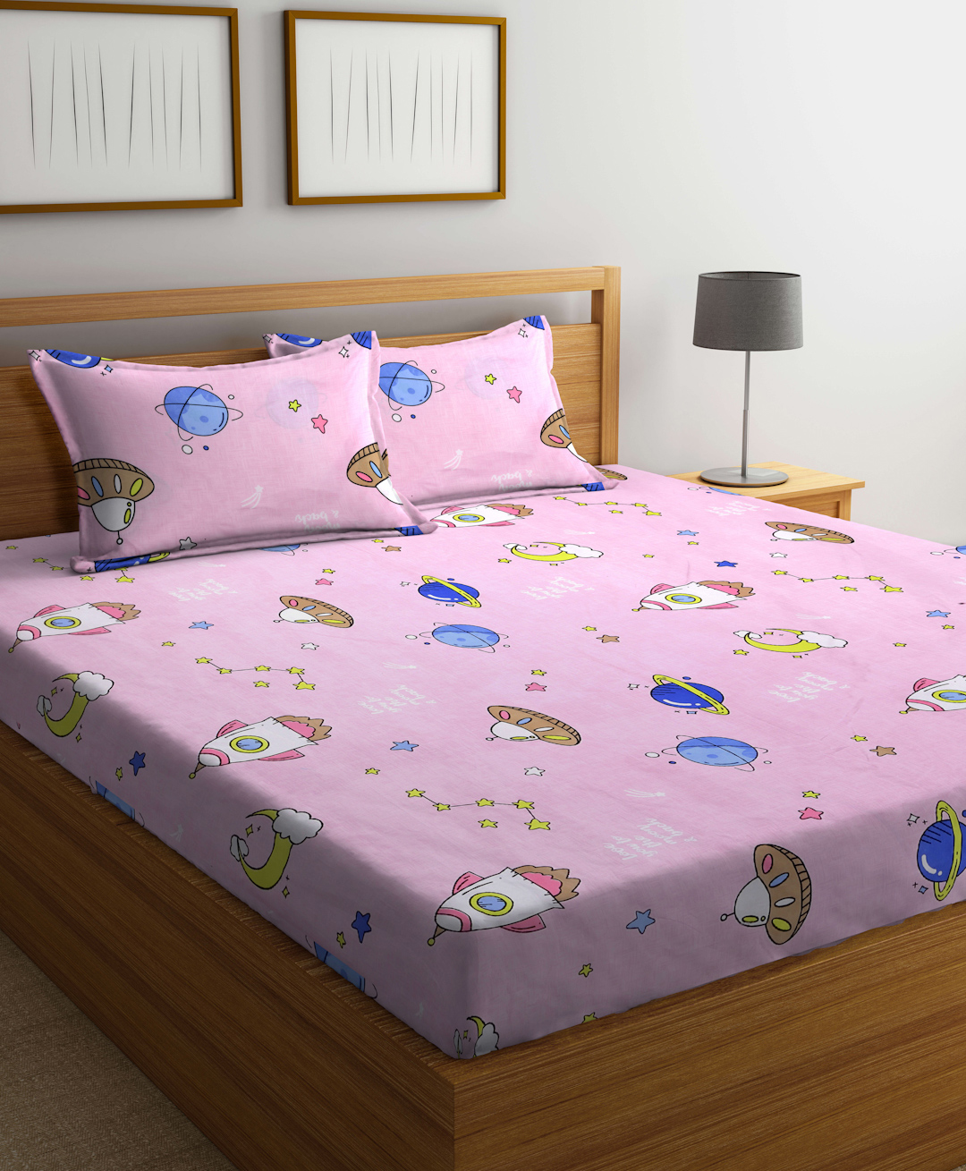 Arrabi Pink Cartoon TC Cotton Blend King Size Bedsheet With 2 Pillow Covers ARBS 1710 - Pink-image-19