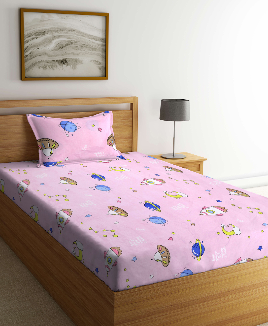 Arrabi Red Floral TC Cotton Blend Single Size Bedsheet with 1 Pillow Cover - Pink-picture-49