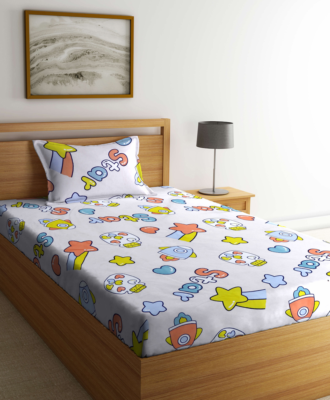 Arrabi Red Floral TC Cotton Blend Single Size Bedsheet with 1 Pillow Cover - Beige-picture-0