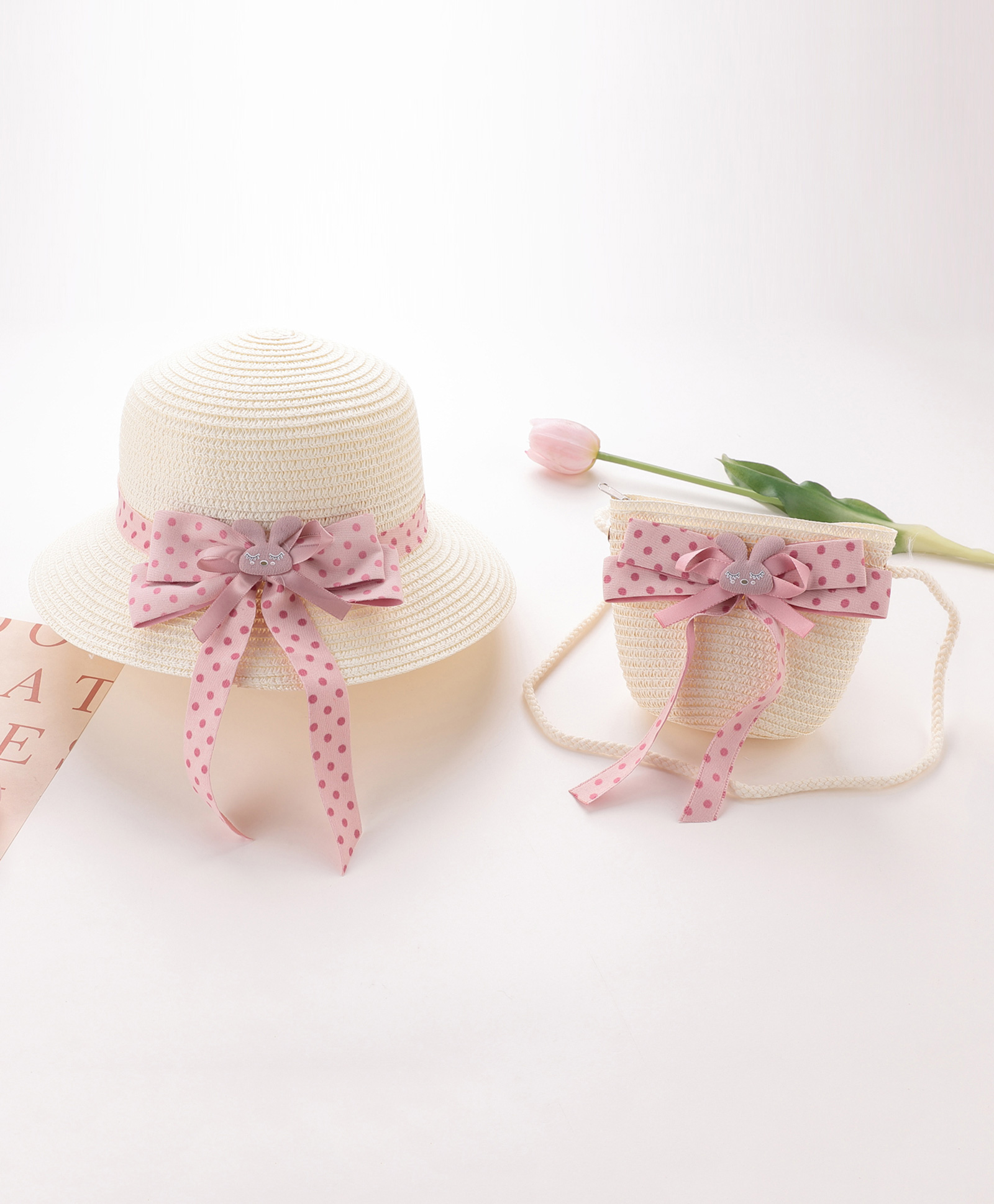 Babyhug Straw Hat with Bow Applique and Purse - White-picture-10