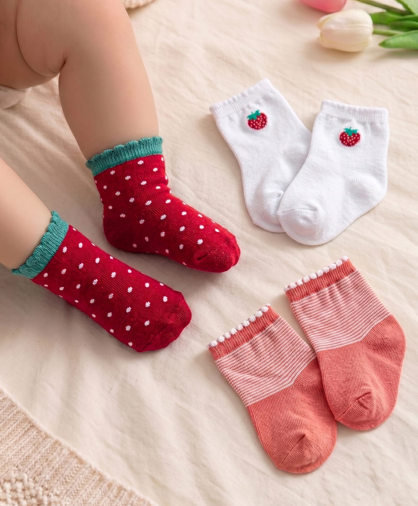 Cutewalk By Babyhug Anti Bacterial Ankle Length Socks Cherry Print Pack Of 3 - White & Red-image-16