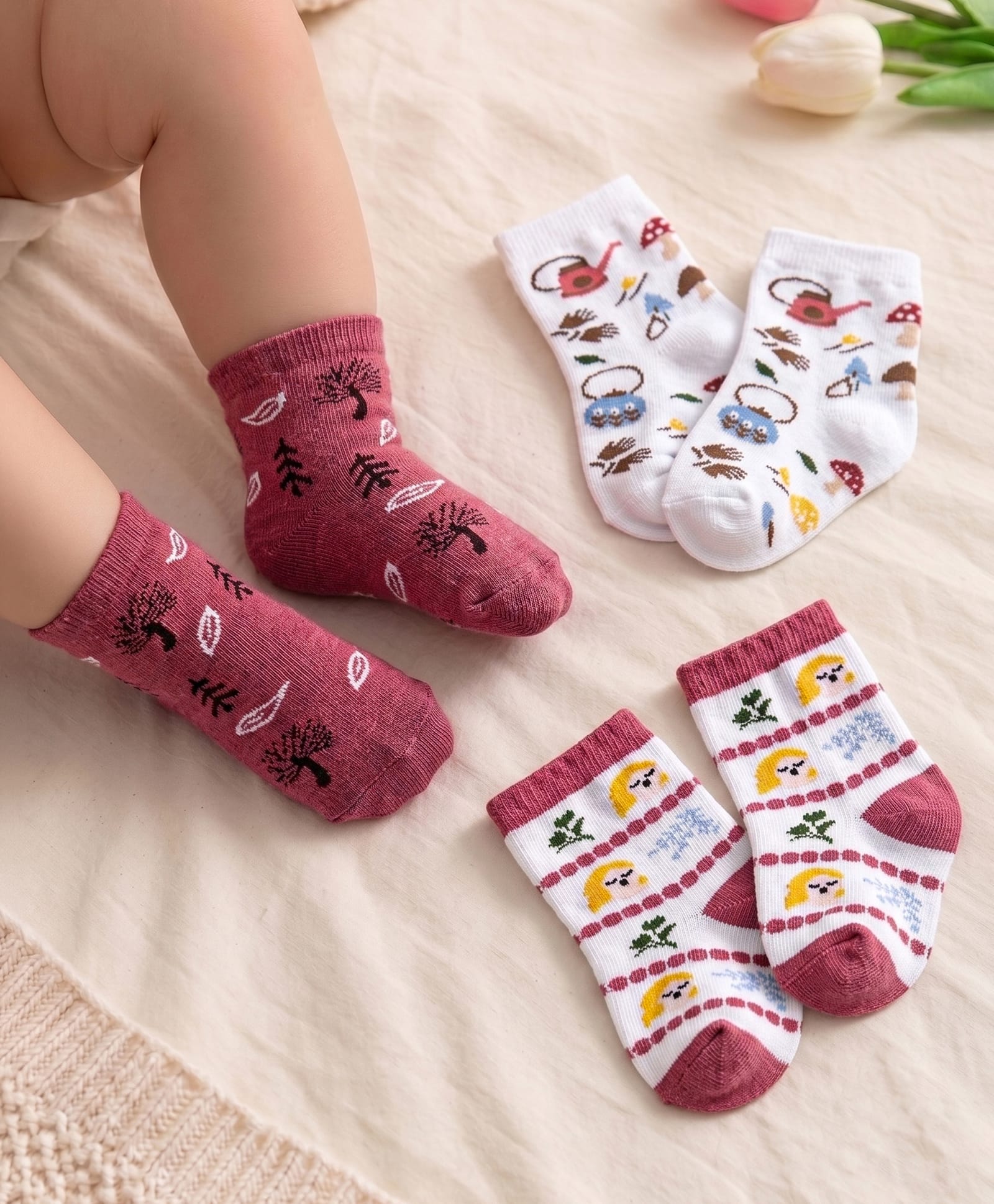 Cutewalk By Babyhug Anti Bacterial Ankle Length Socks Winter Theme Pack Of 3 - Red & White-image-3