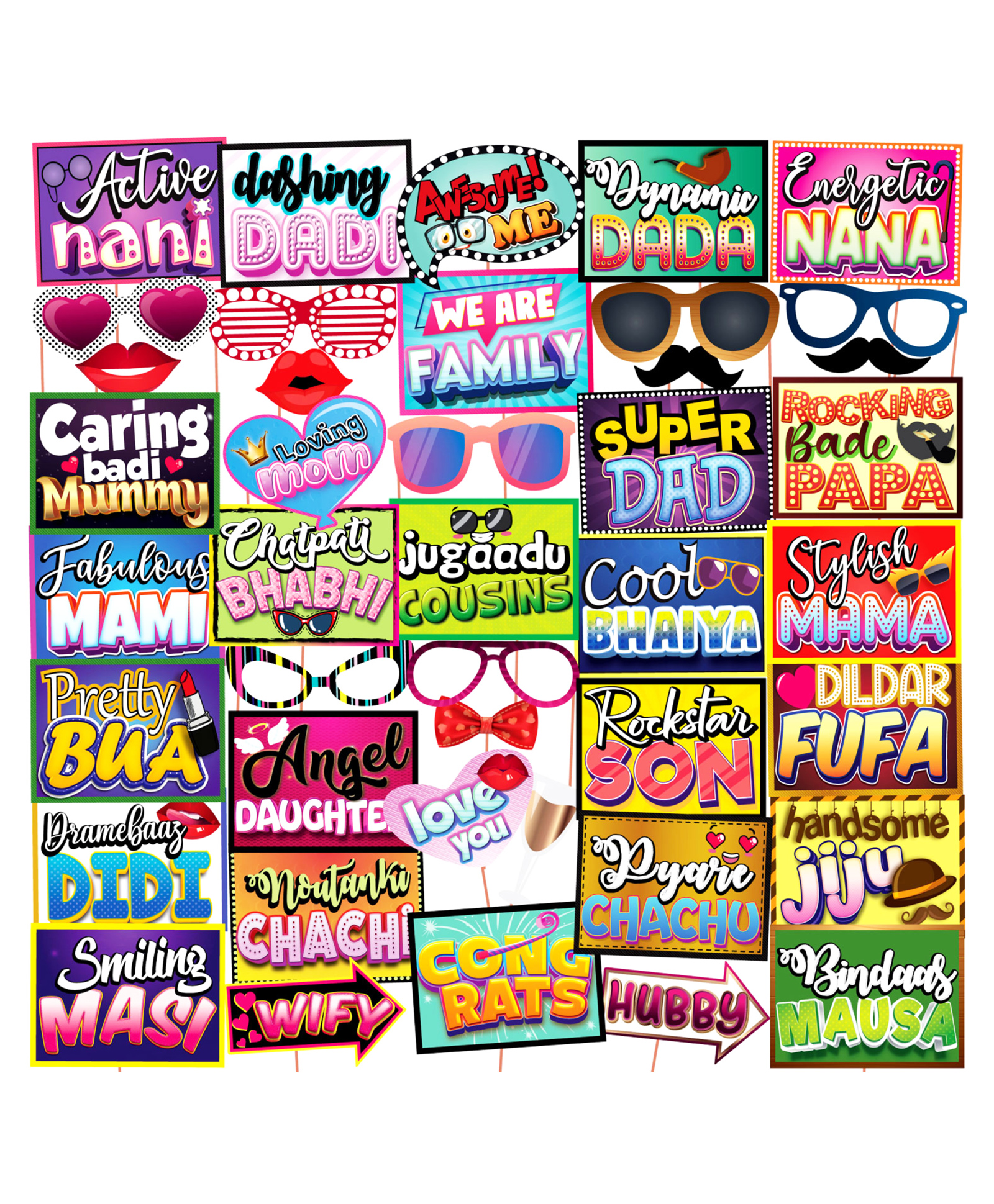 Wobbox All Occasion Multi Colour Indian Family Photo Booth Party Props, Baby Shower Party Props for Family / Birthday Party Props for Family / Wedding Party Props for Family-image-46