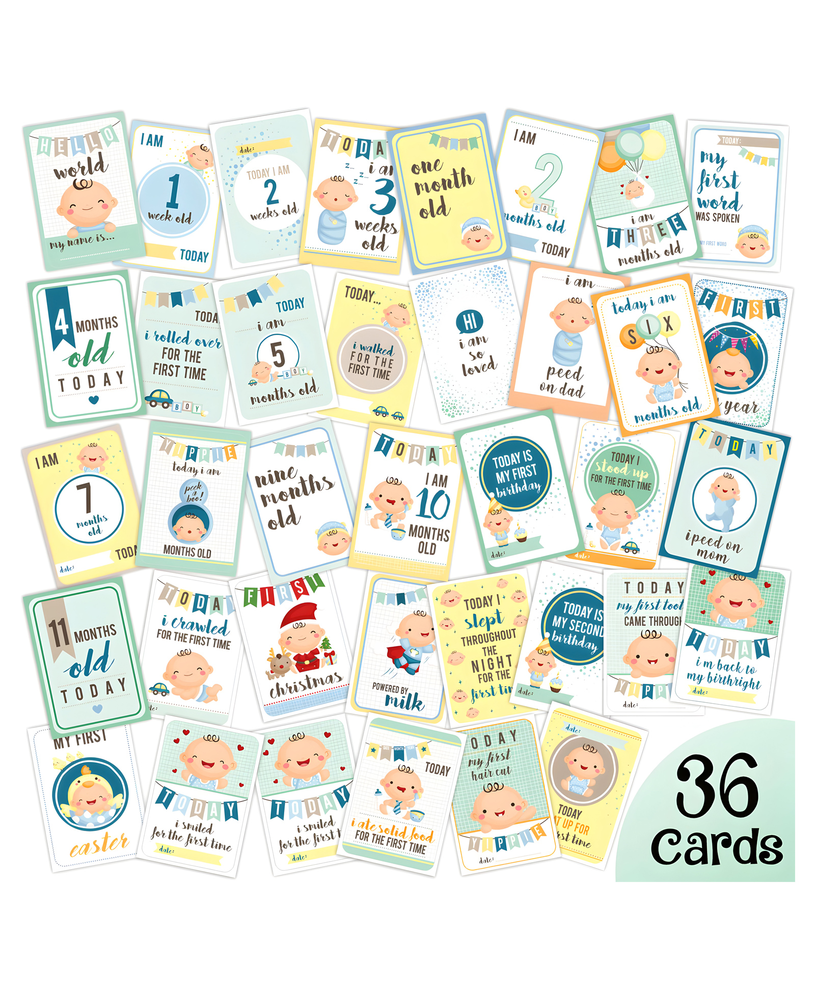 Wobbox Baby Monthly Milestone Cards Record 0-12 Months Growth Milestones Cards Blue -Pack Of 36