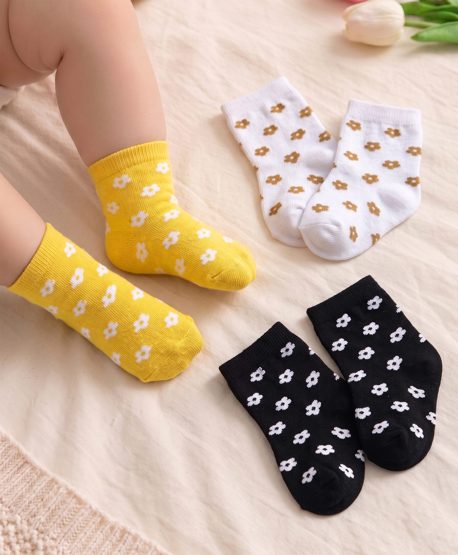 Cute Walk By Babyhug Antibacterial Socks With Floral Print Pack Of 3 - White Black & Yellow-image-17