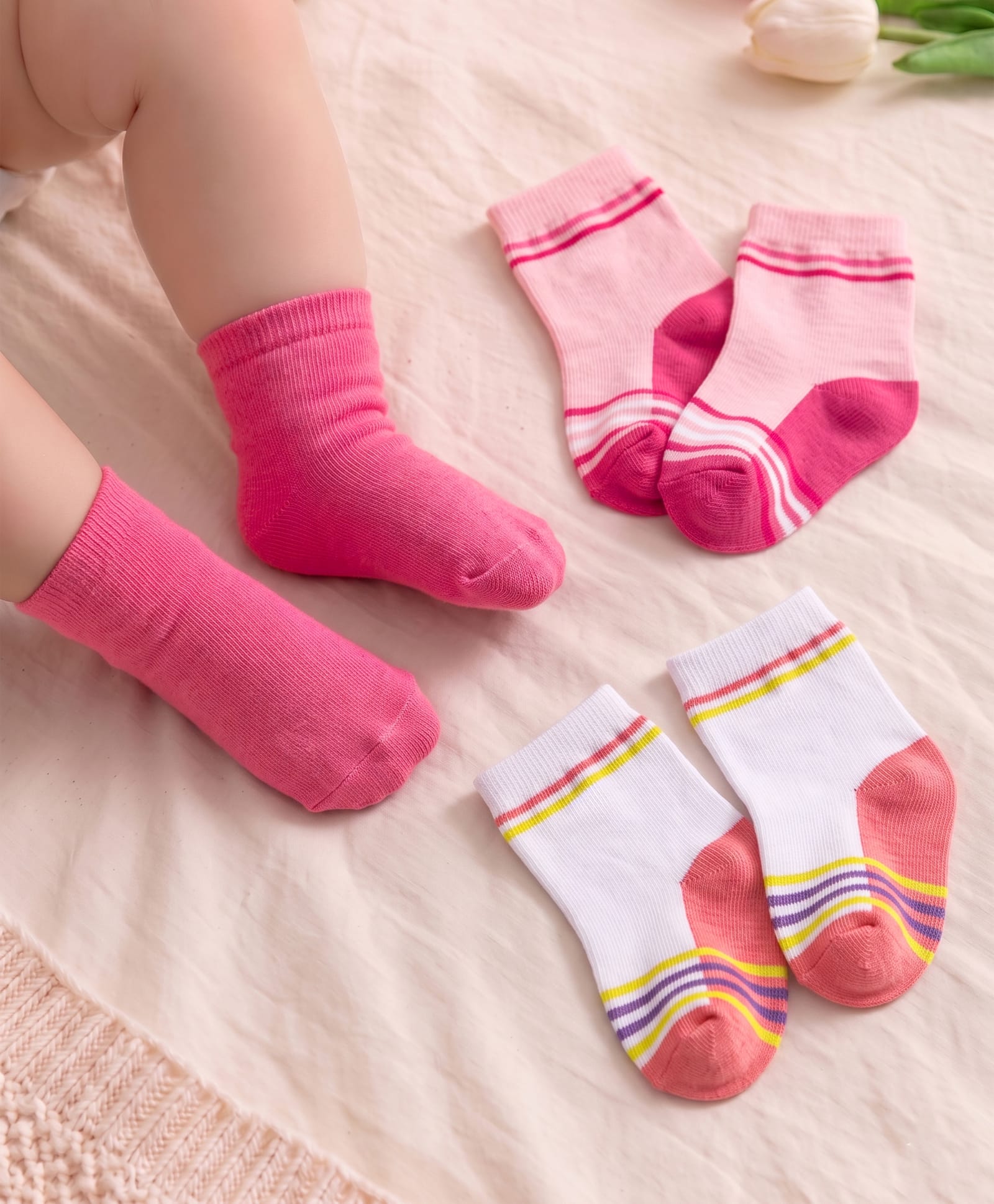 Cute Walk By Babyhug Non Terry Anti Bacterial Ankle Length Design Socks Pack of 3 - Pink & white-image-35