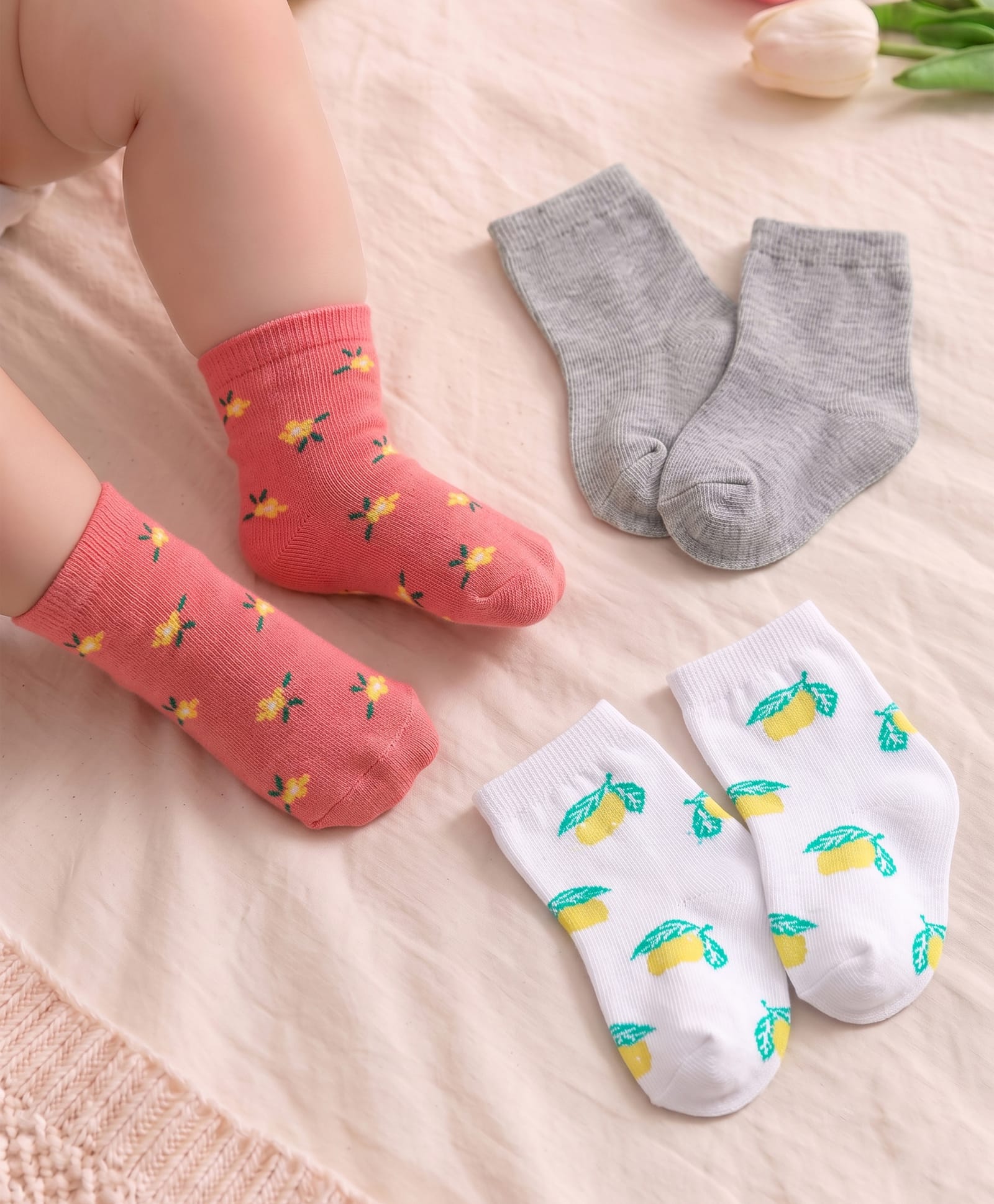 Cute Walk by Babyhug Cotton Knit Anti Bacterial Ankle Length Floral Design Socks Pack of 3 - Multicolour-picture-11