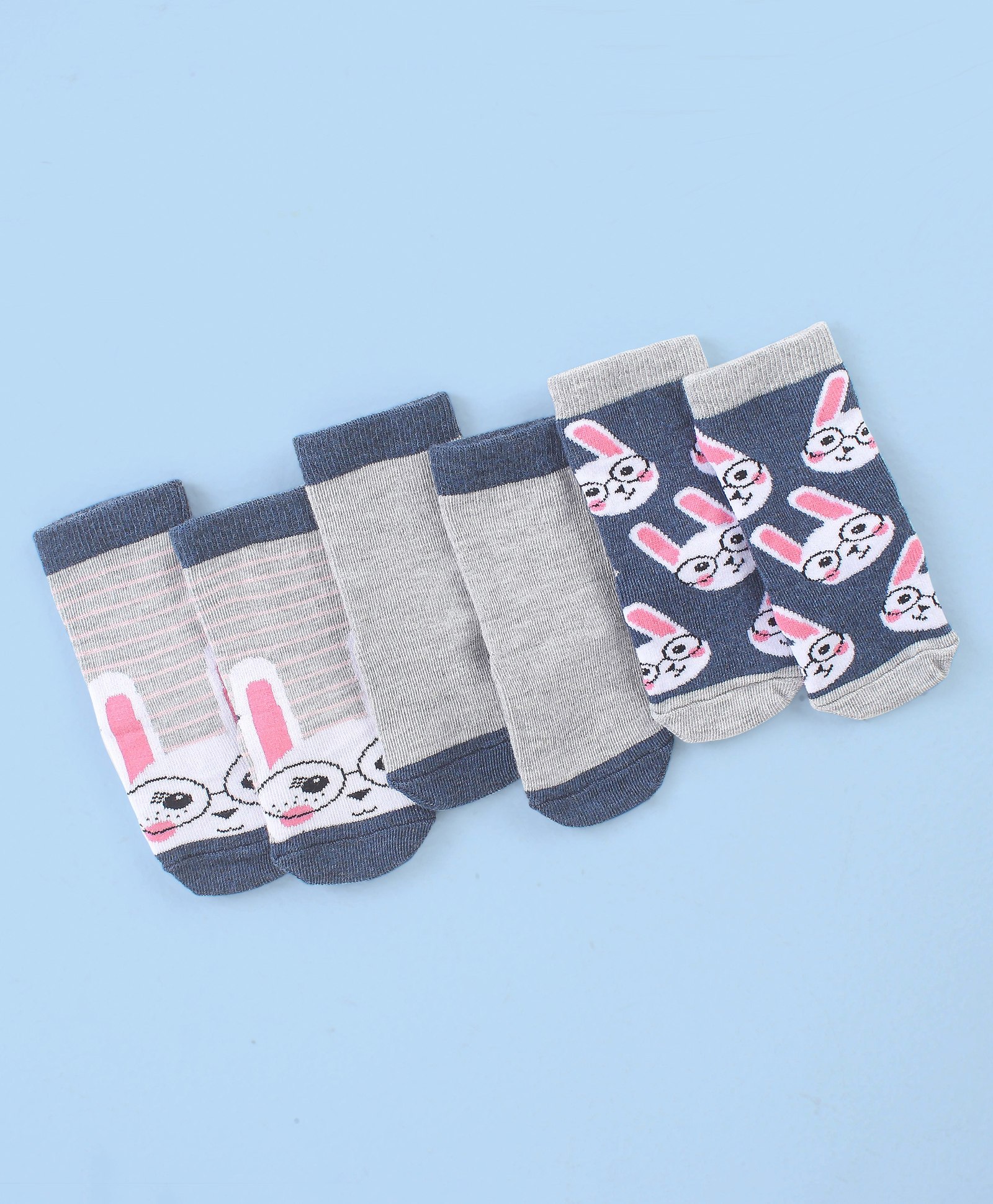 Cute Walk by Babyhug Cotton Blend Ankle Length Anti Bacterial Socks Bunny Design Pack of 3 - Grey & Blue-image-28