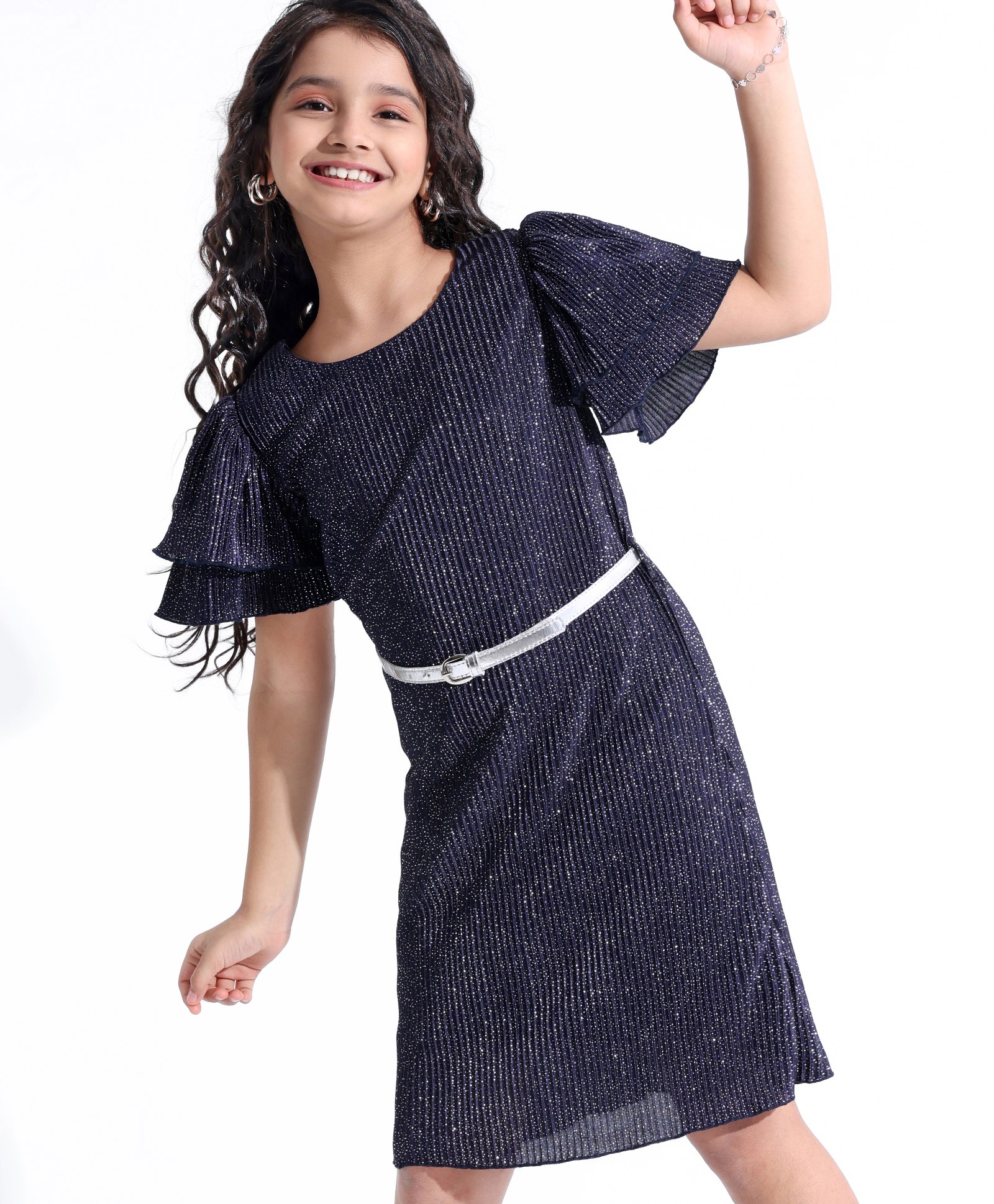 Hola Bonita Flutter Sleeves All Over Pleated Glitter Party Dress - Navy Blue-image-26