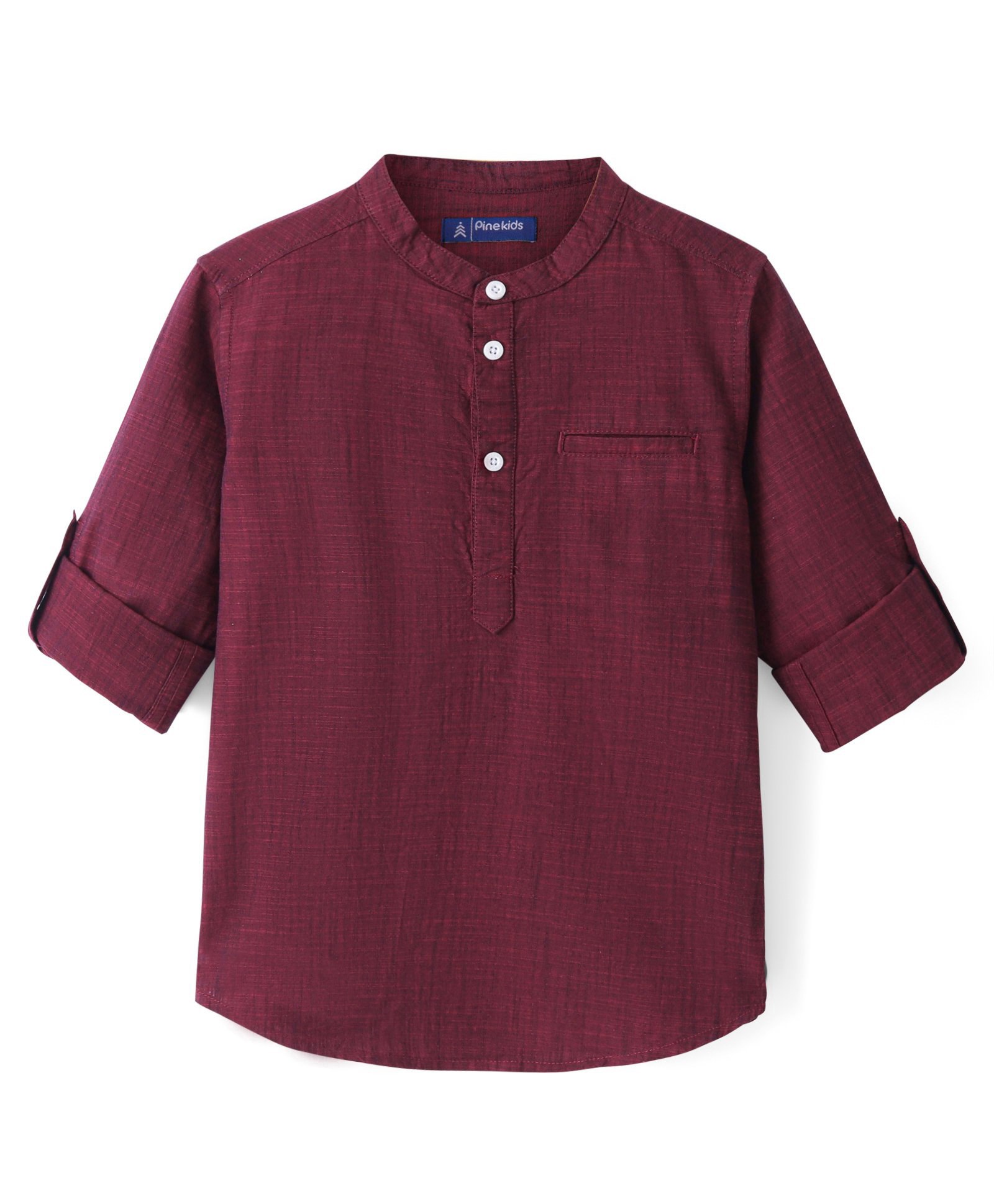 Pine Kids Cotton Woven Roll Up Full Sleeves Solid Colour Kurta Shirt with Mandarin Collar- Maroon-picture-29