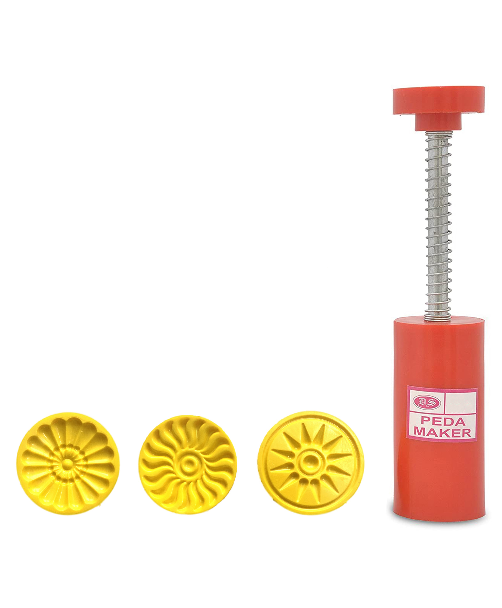 DS Pedha Sweet Desserts Stamping Food Grade Safe Plastic Fast Pada Maker DIY Cookie Cutter Circle Round Shape 3 Design Diameter 2 Inch - Yellow-image-25