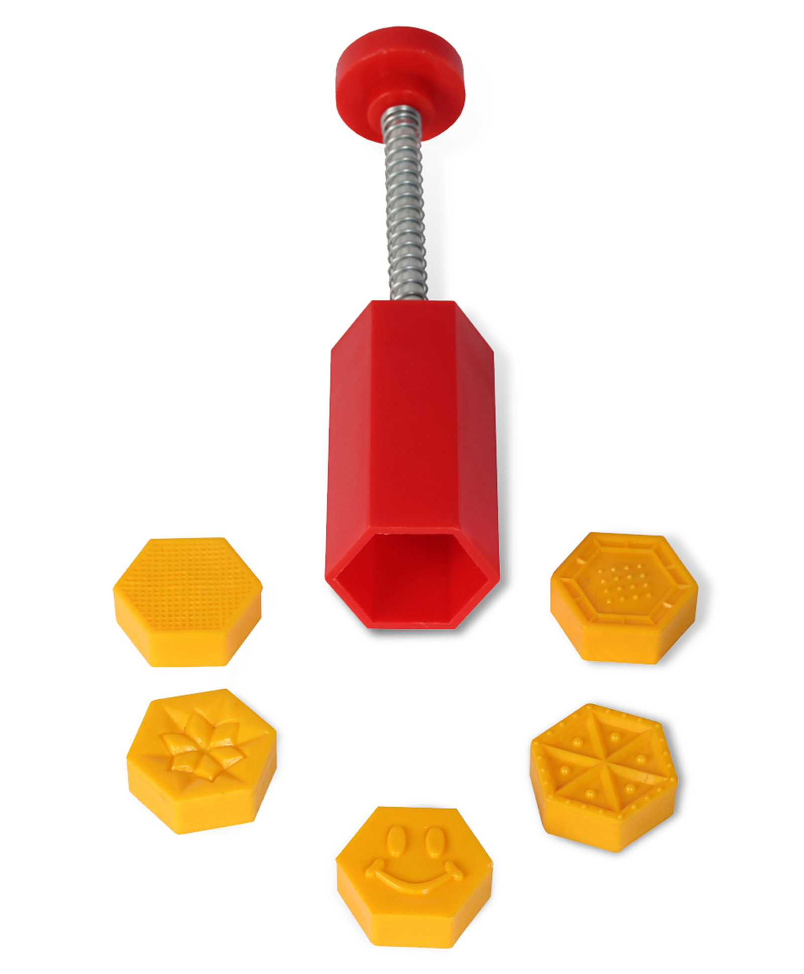 DS Hexagon Shape 5 Designs Peda Sweet Fast Stamping Mithai Cutter Plastic - Yellow-image-3