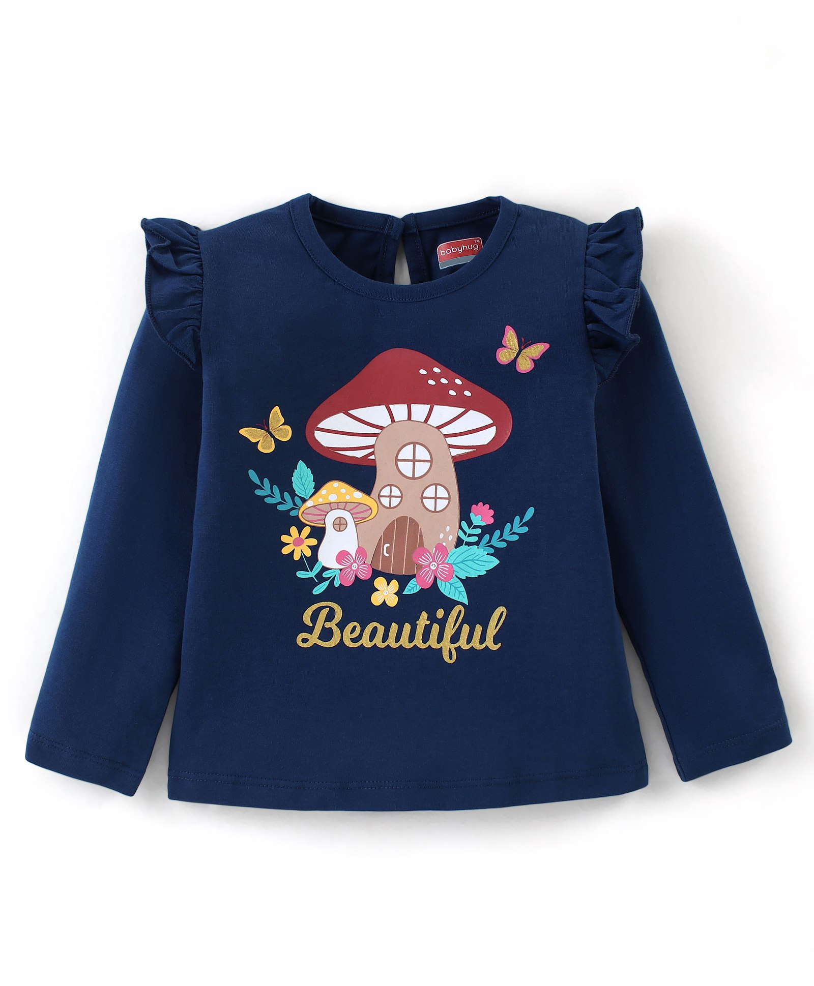 Babyhug Cotton Full Sleeves Tee With Butterfly Graphics & Frill Detailing - Navy Blue-image-18