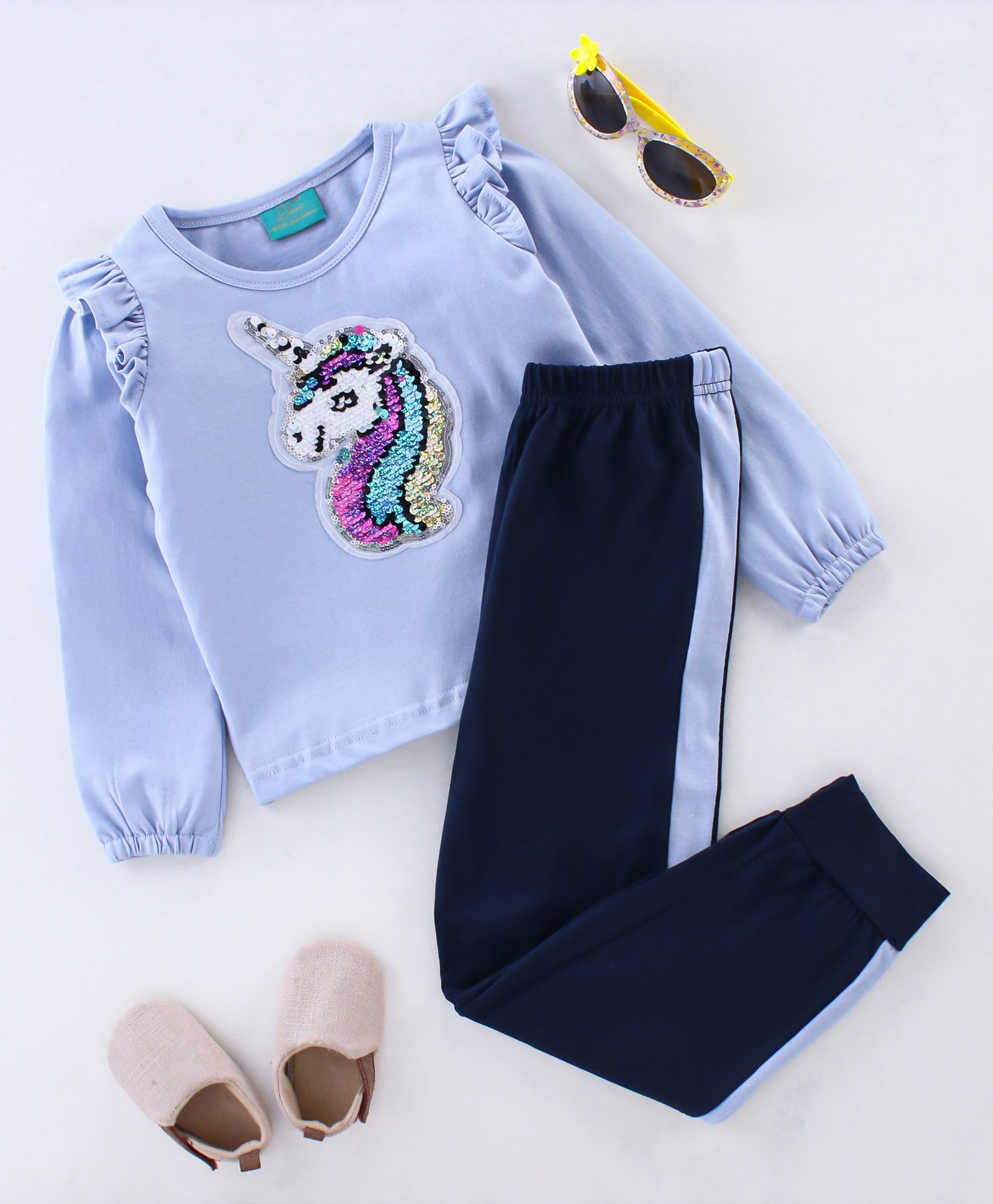 Tiara Full Frill Sleeves Detailed Unicorn Sequin Embellished Patched Detailed Top & Pant - Blue-picture-8