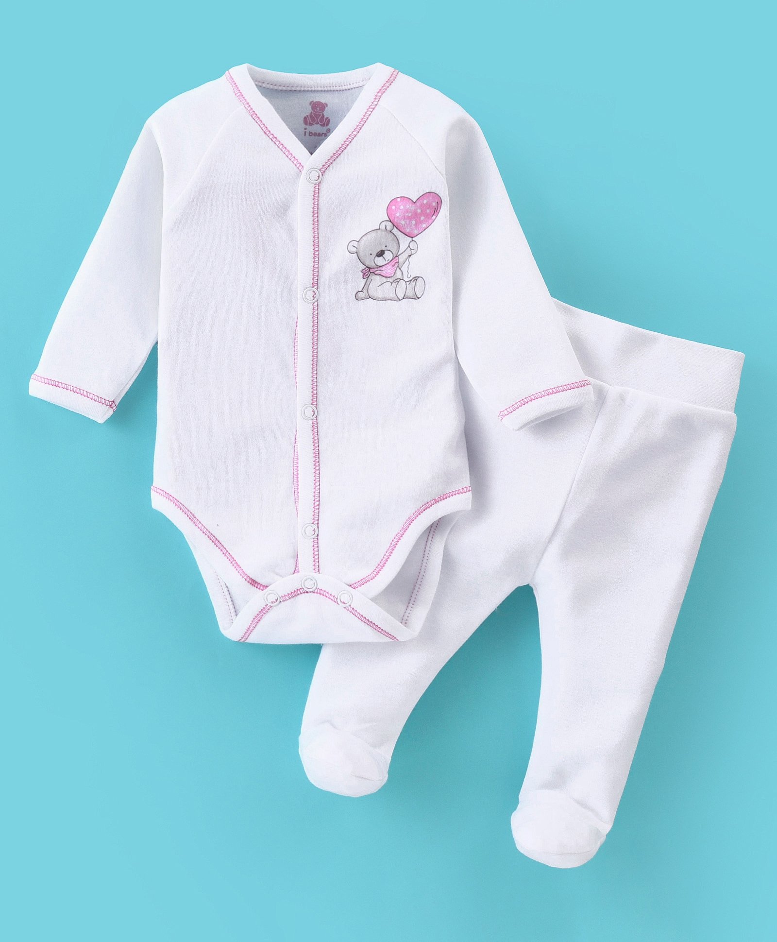 I Bears Cotton Interlock Full Sleeves Teddy Printed Onesie with Bootie Legging - White-image-34