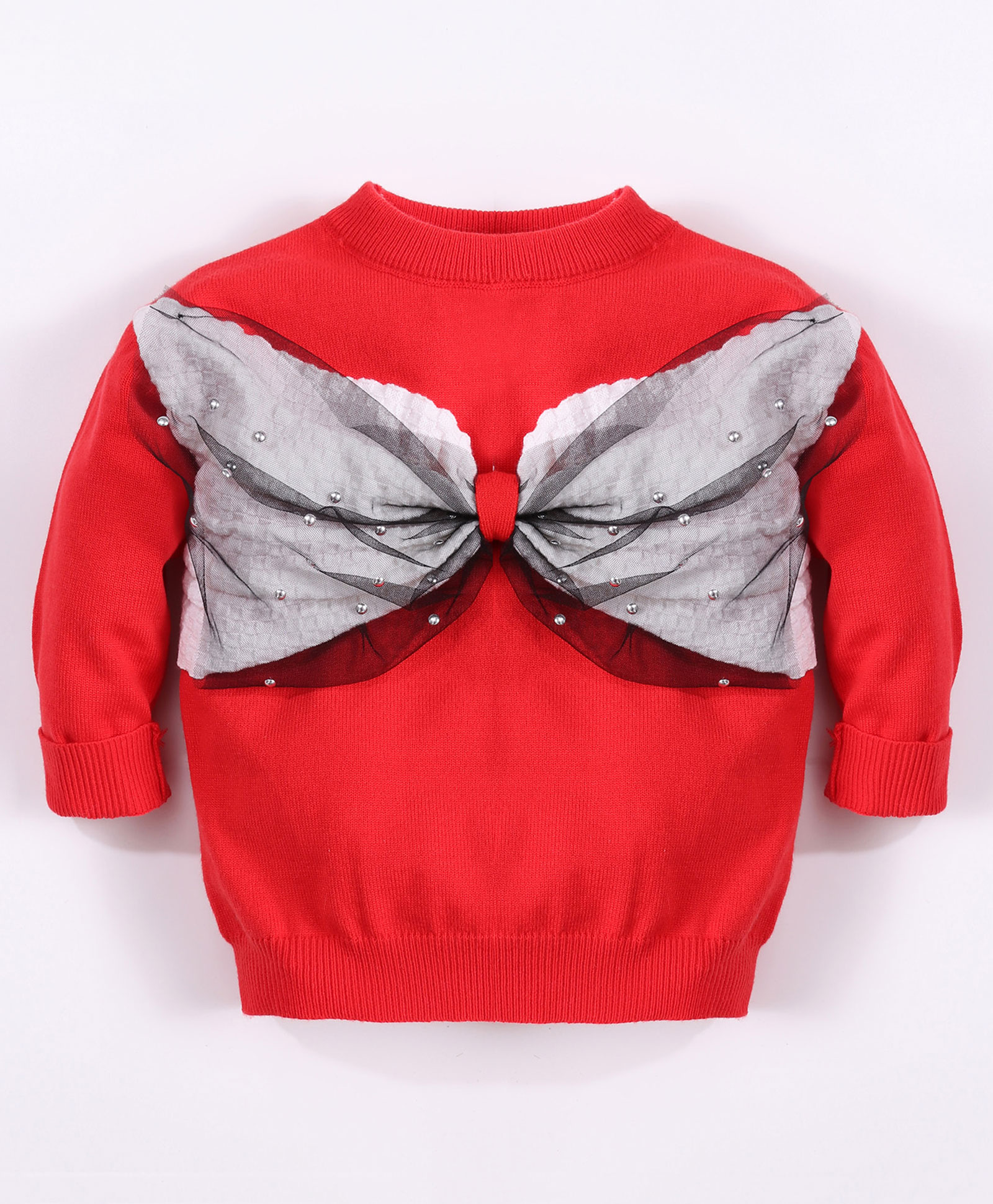 Kookie Kids Full Sleeves Pullover Sweater with Bow Applique - Red-image-25