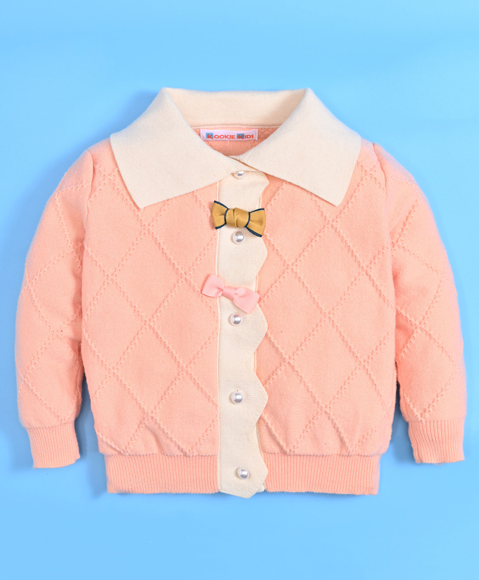 Kookie Kids Full Sleeves Front Open Sweaters with Bow Applique - Peach-image-22